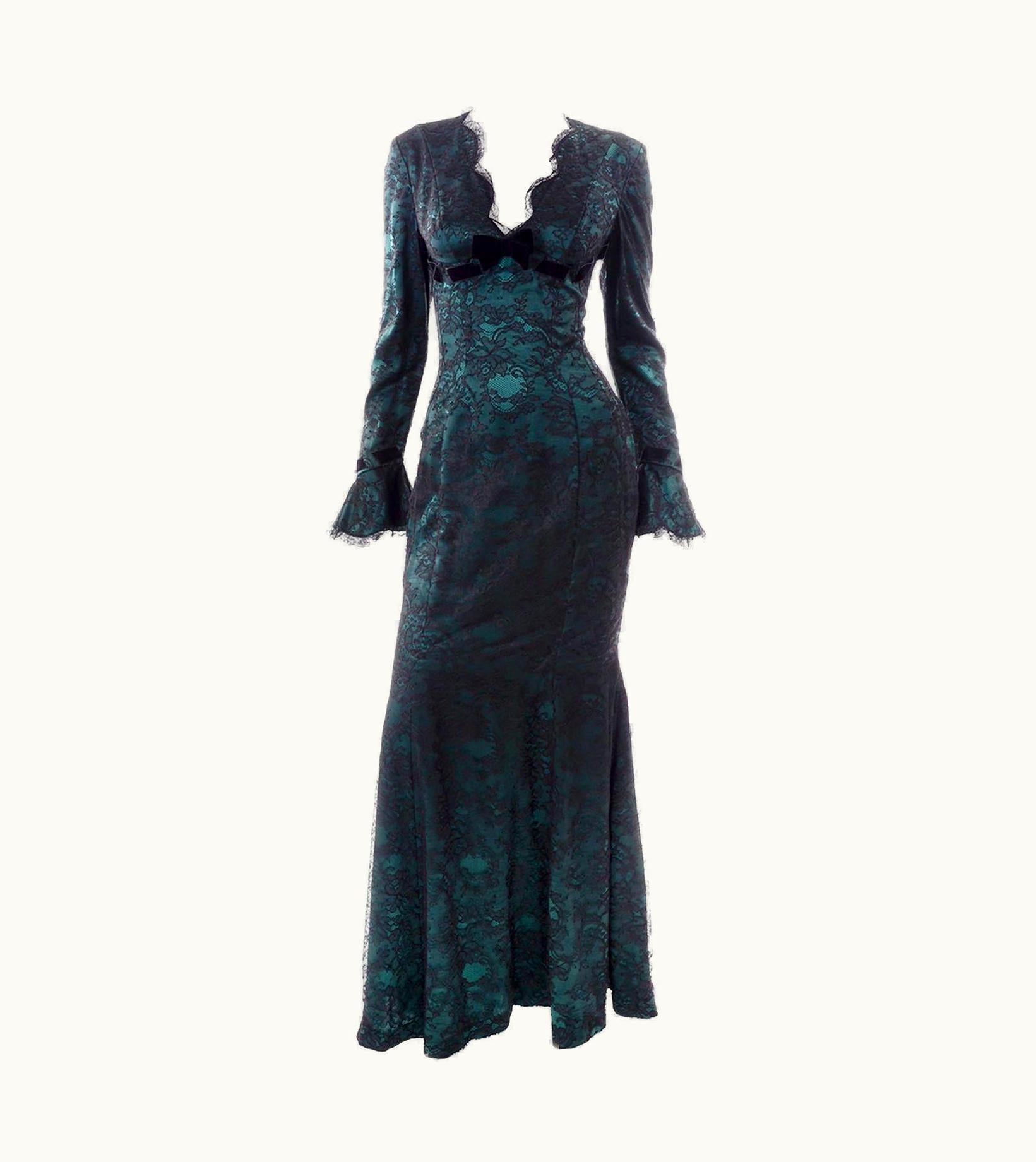 Mugler Vintage Thierry Mugler Green Silk Evening Dress W Lace & Low Neckline