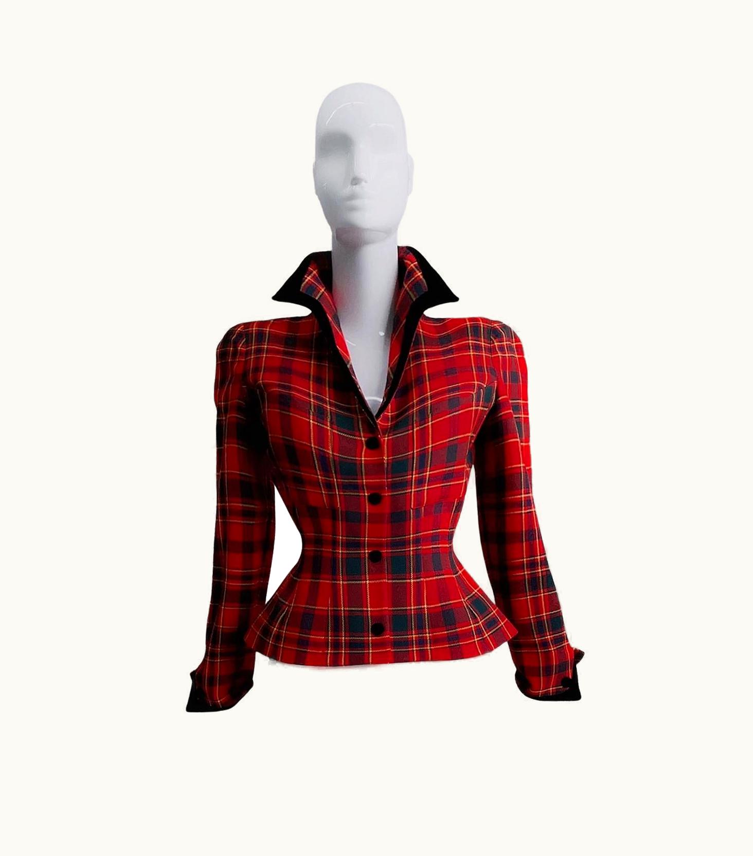 Mugler Thierry Mugler Sculptural Wool Tartan Jacket Velvet Details Red Black