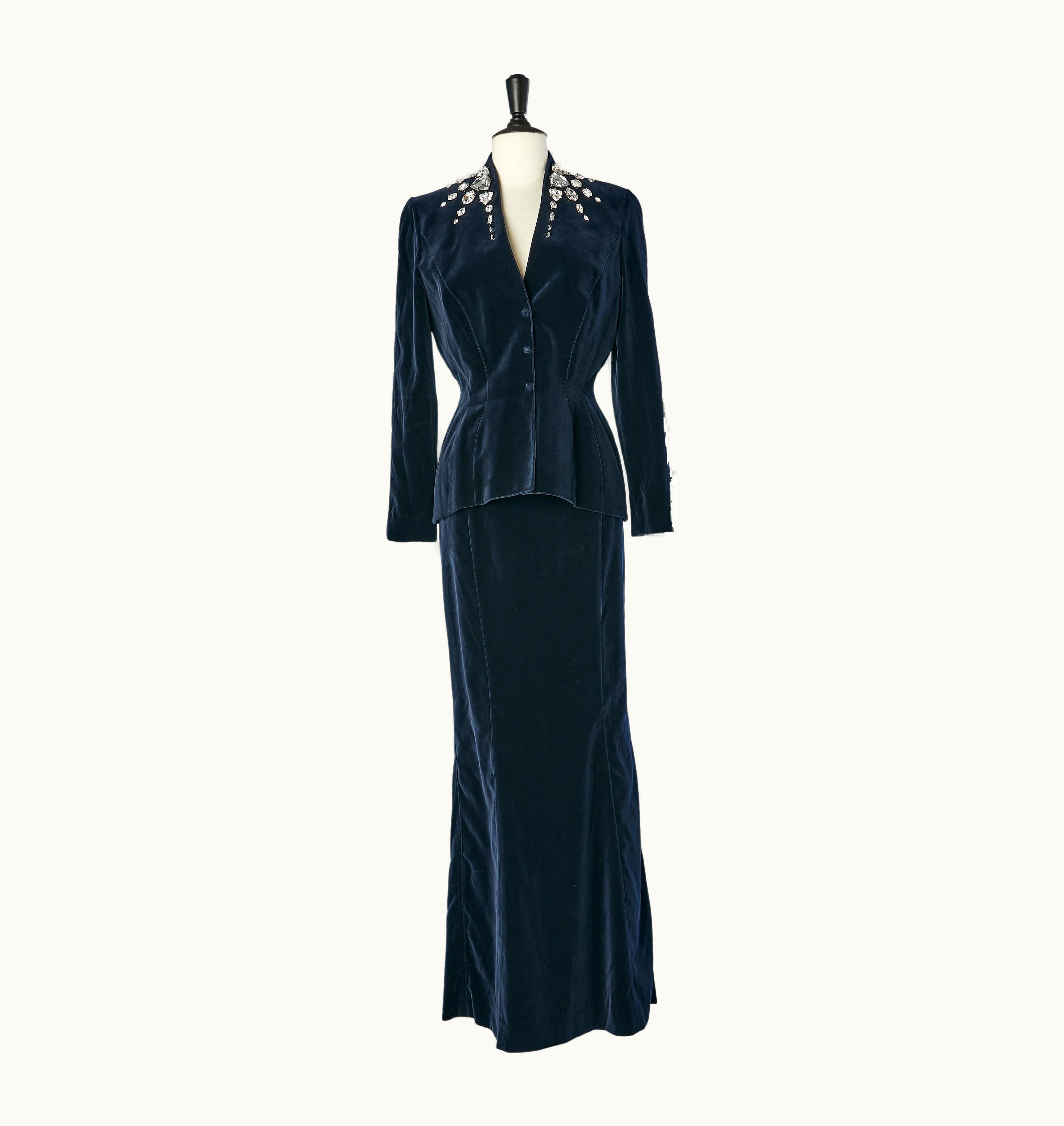 Mugler Night Blue Velvet Skirt-suit With Rhinestone Embellishment Thierry Mugler