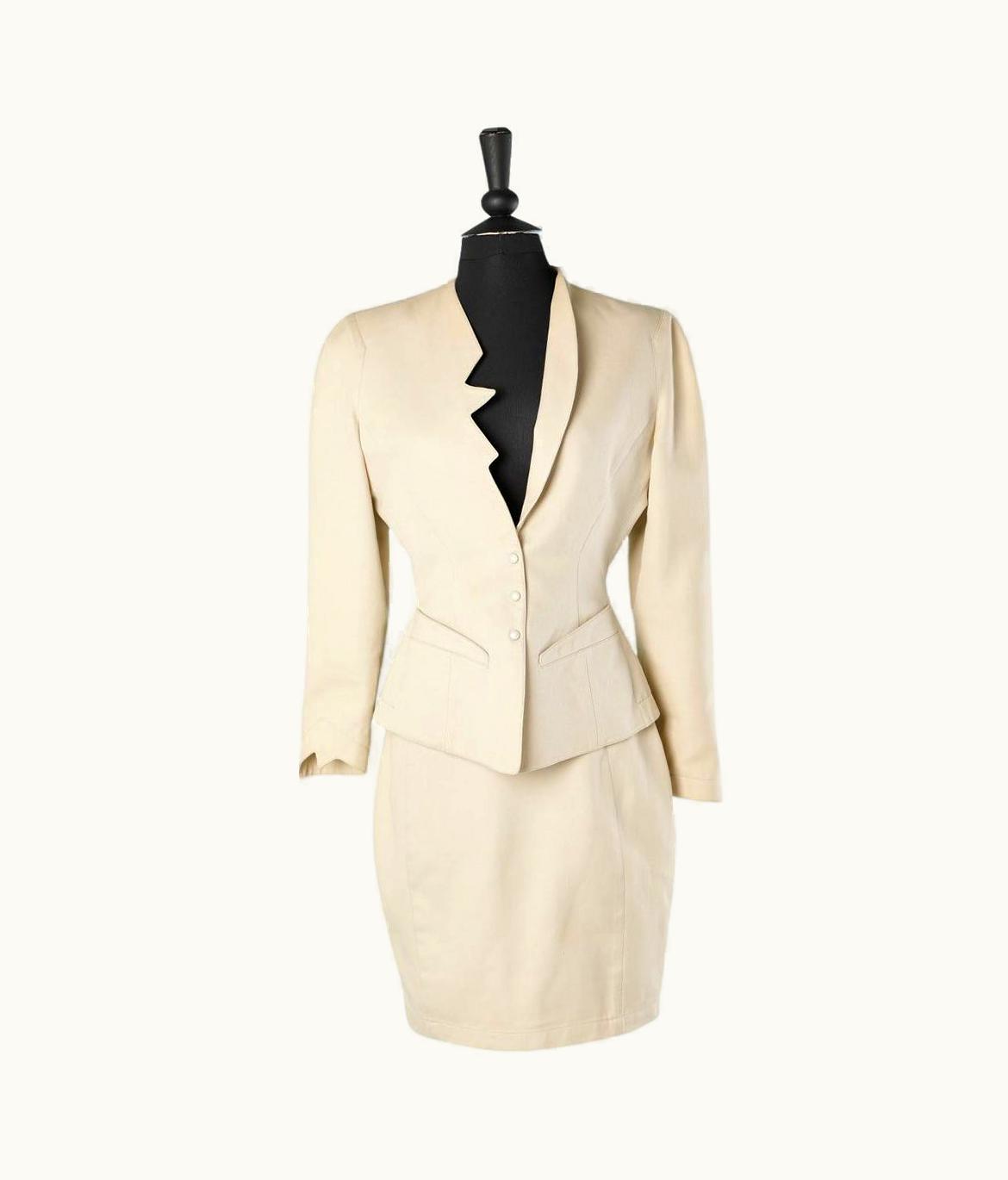 Mugler Beige Cotton Skirt-suit With Toothed Collar Thierry Mugler