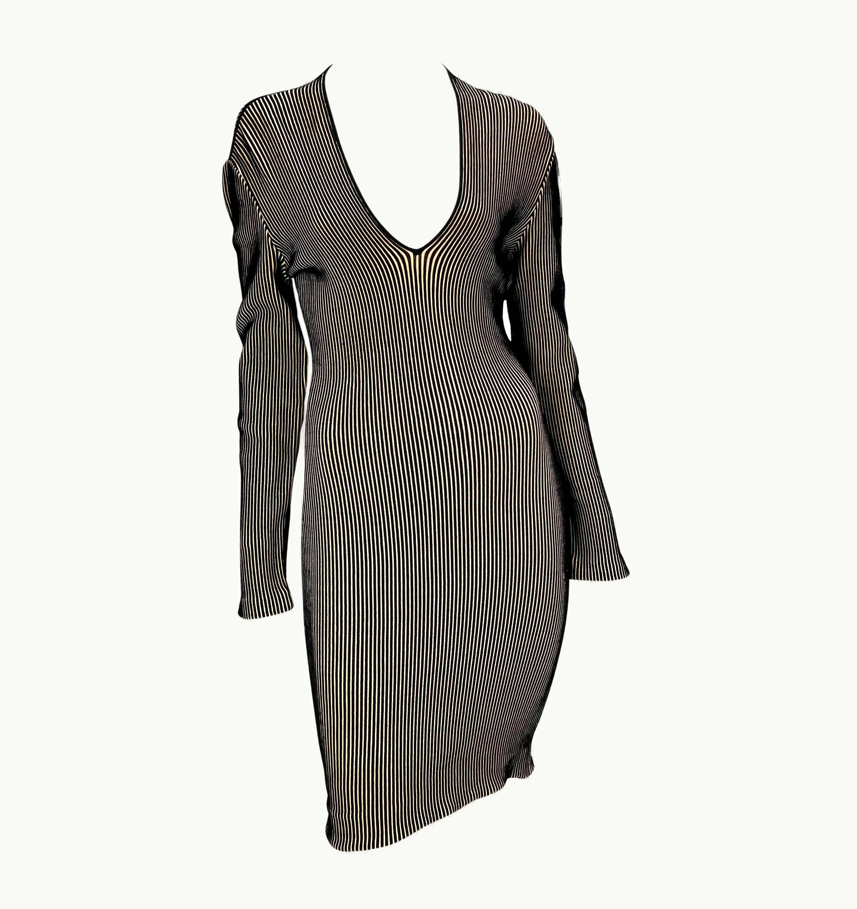 Mugler 1990s Thierry Mugler Beige Black Ribbed Knit Stretch Bodycon Dress