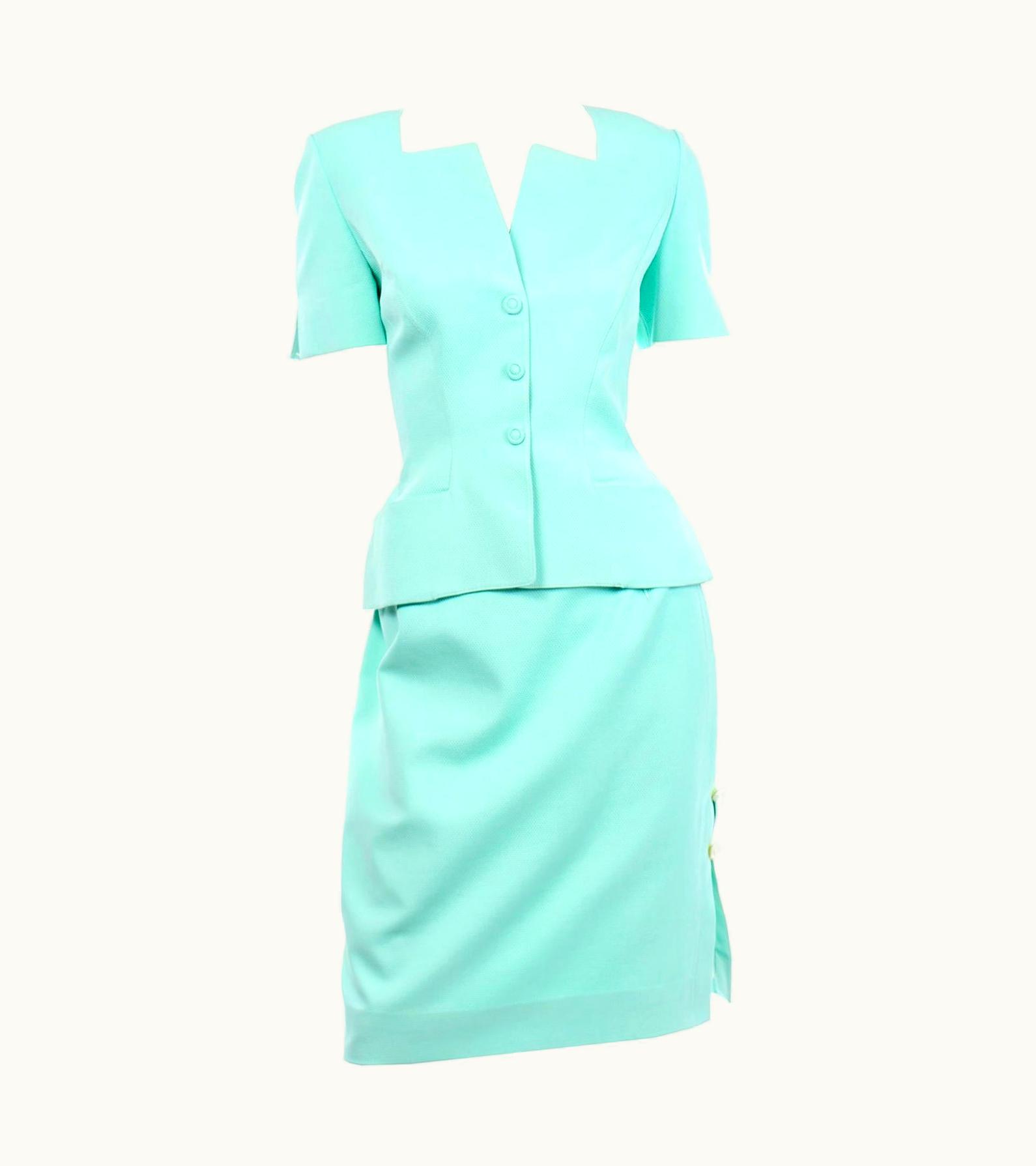 Mugler Vintage Thierry Mugler Mint Green Textured Skirt & S/S Jacket Suit