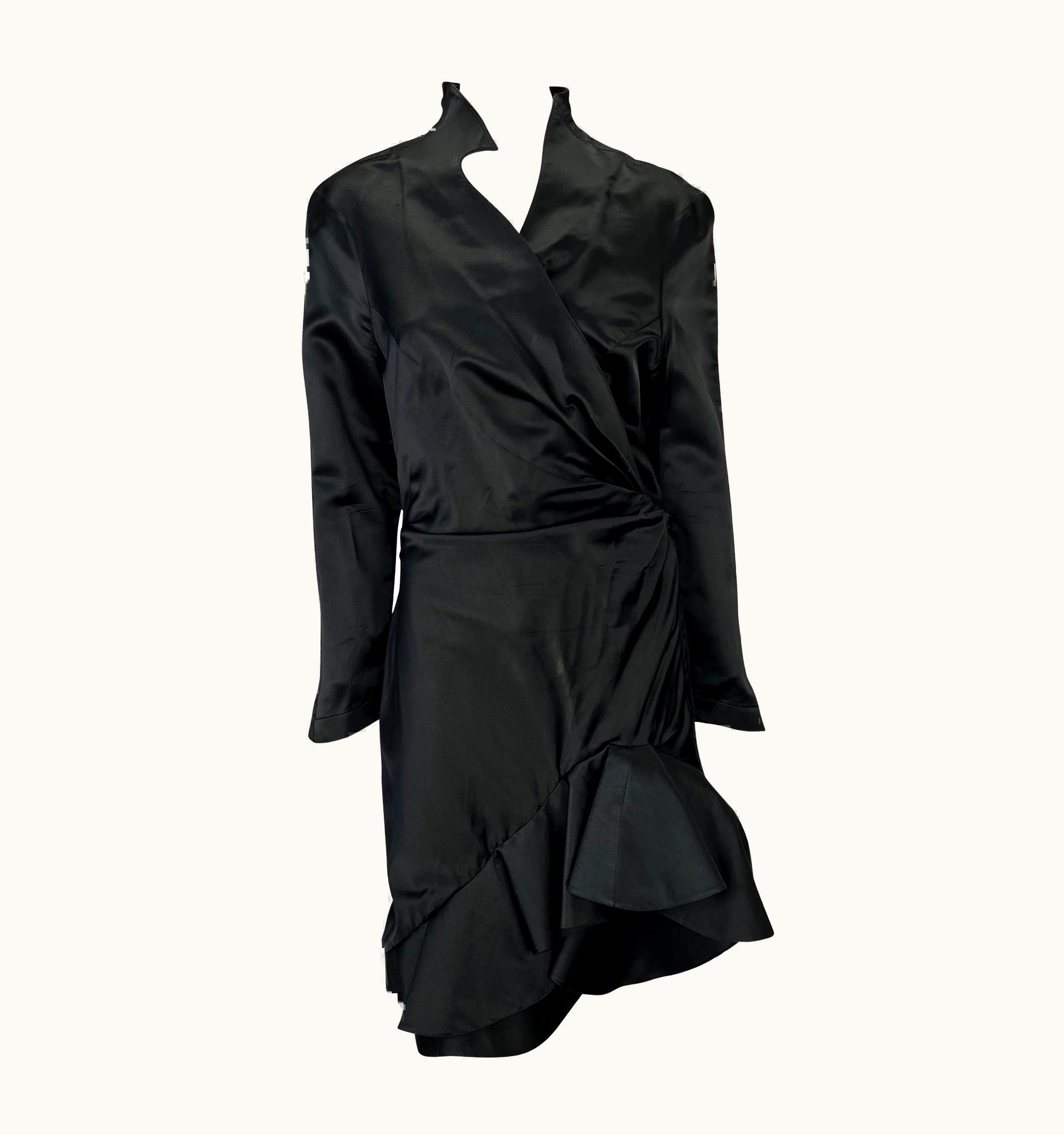 Mugler 1980s Thierry Mugler Black Silk Satin Collared Long Sleeve Dress