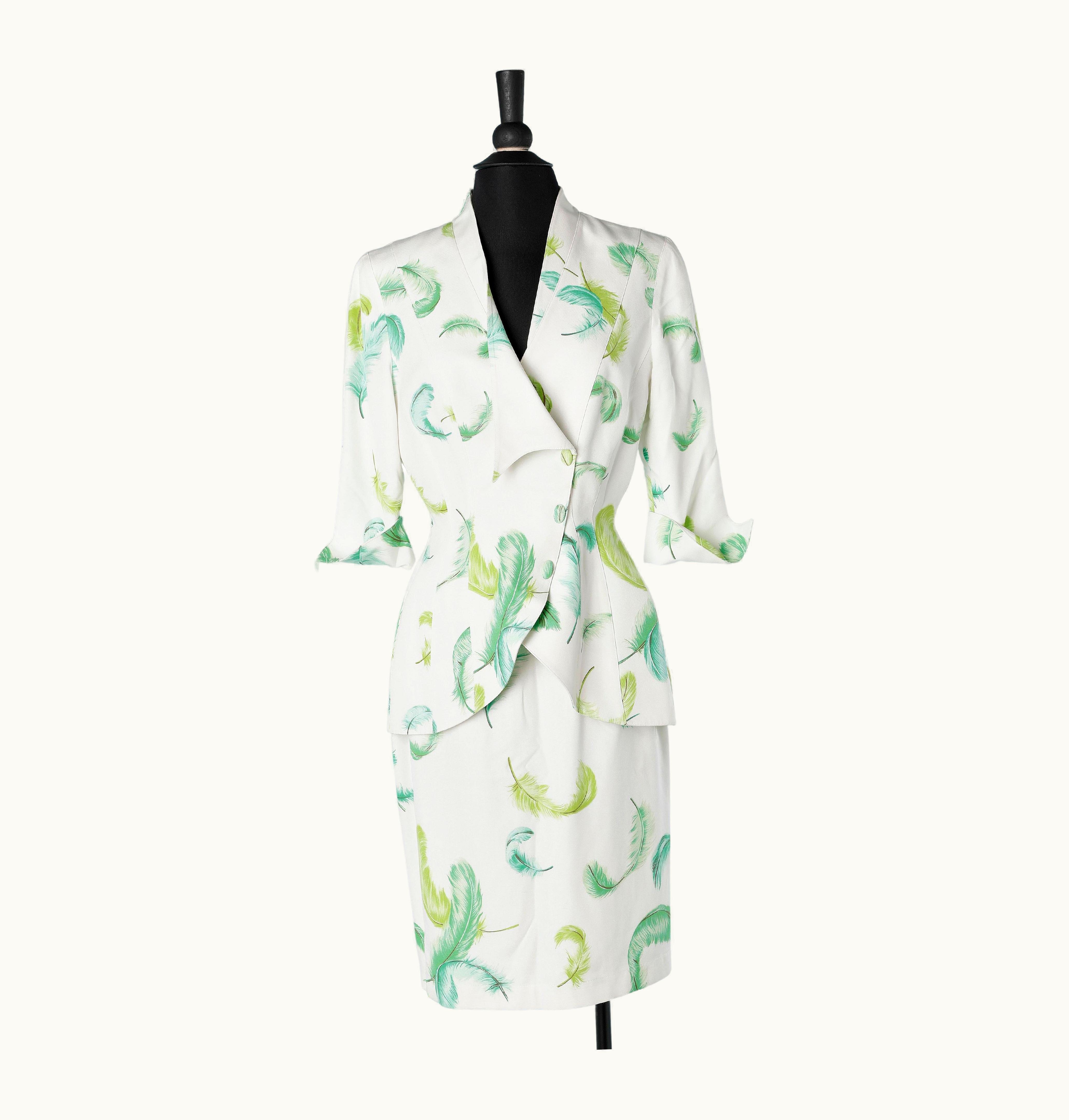 Mugler White Skirt-suit With Green Feathers Print Thierry Mugler
