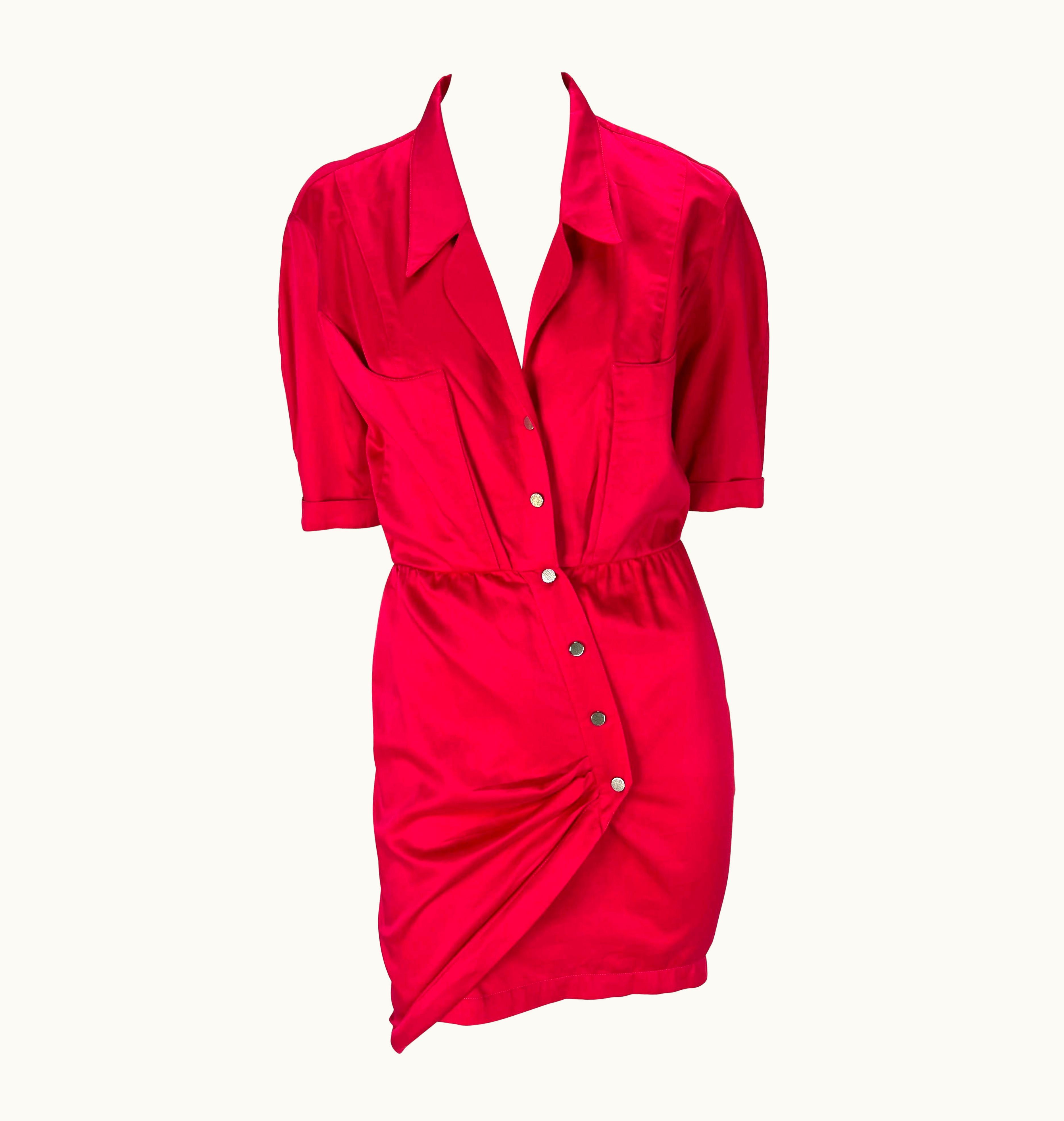 Mugler 1980s Thierry Mugler Hot Pink Snap Cotton Plunge Wrap Dress