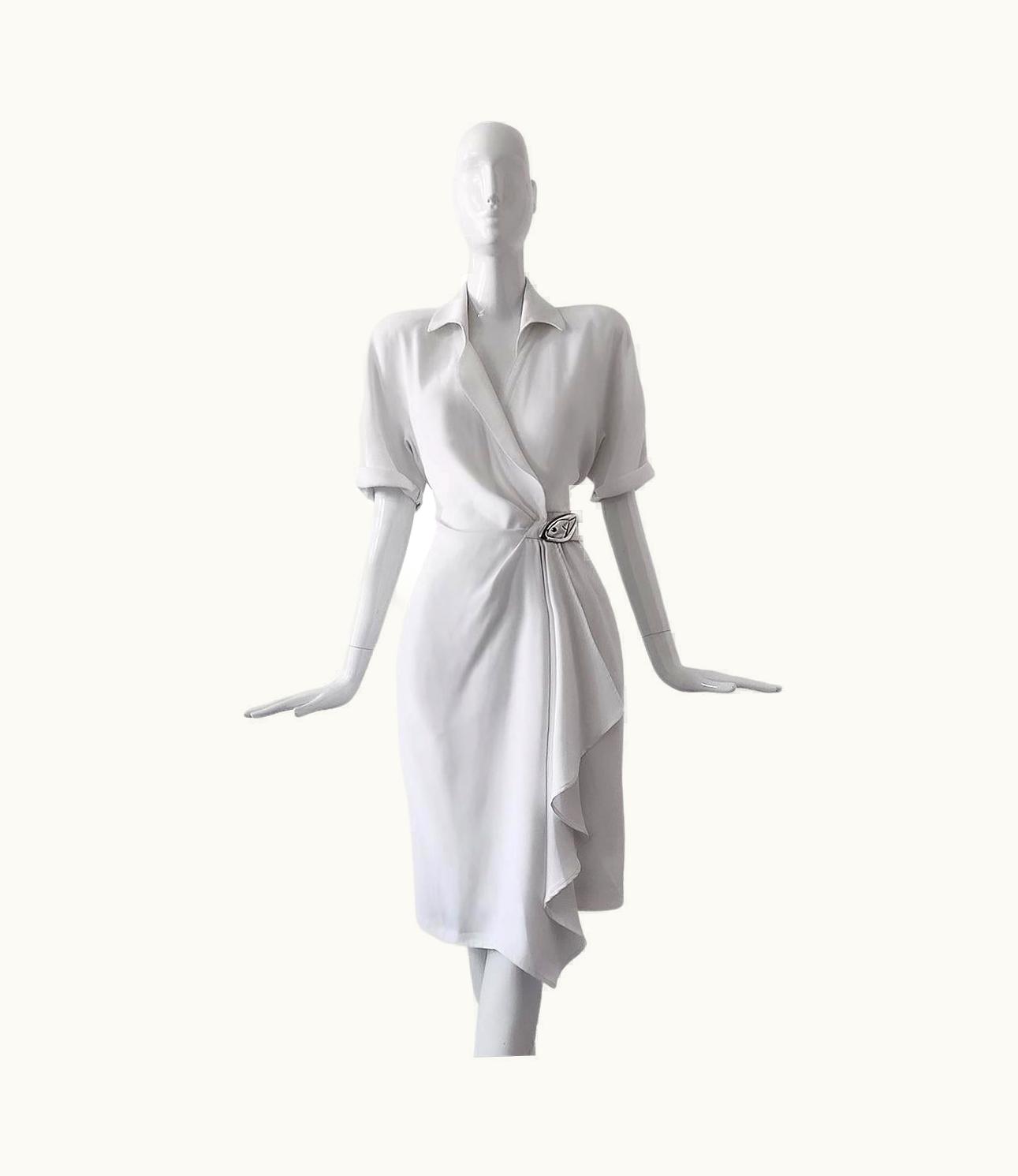 Mugler Thierry Mugler Luxus Dress White Sculptural Cascading Silver Buckle 1990s Drama