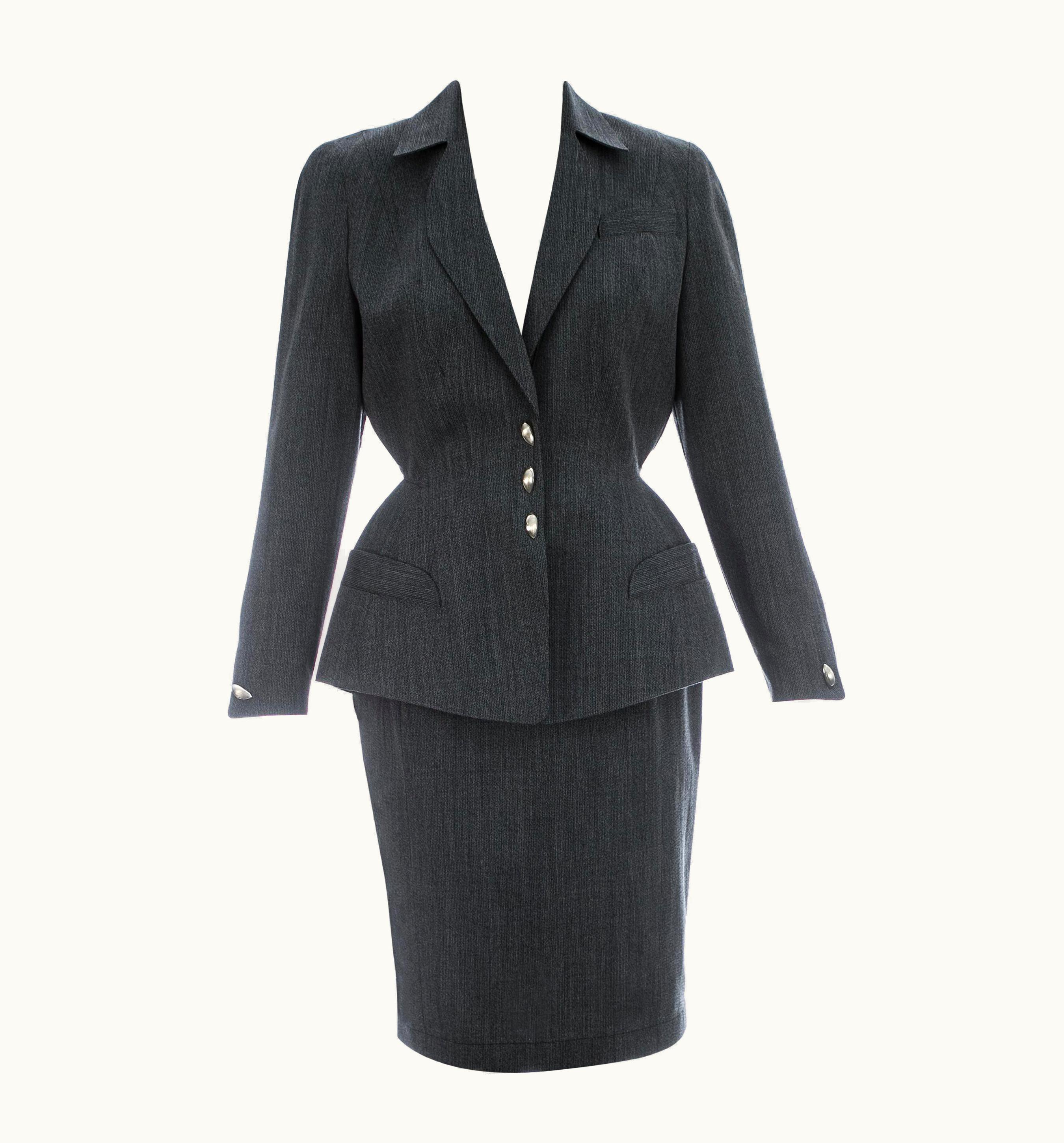 Mugler Thierry Mugler Grey Wool Structured Skirt Suit, C. 1990s