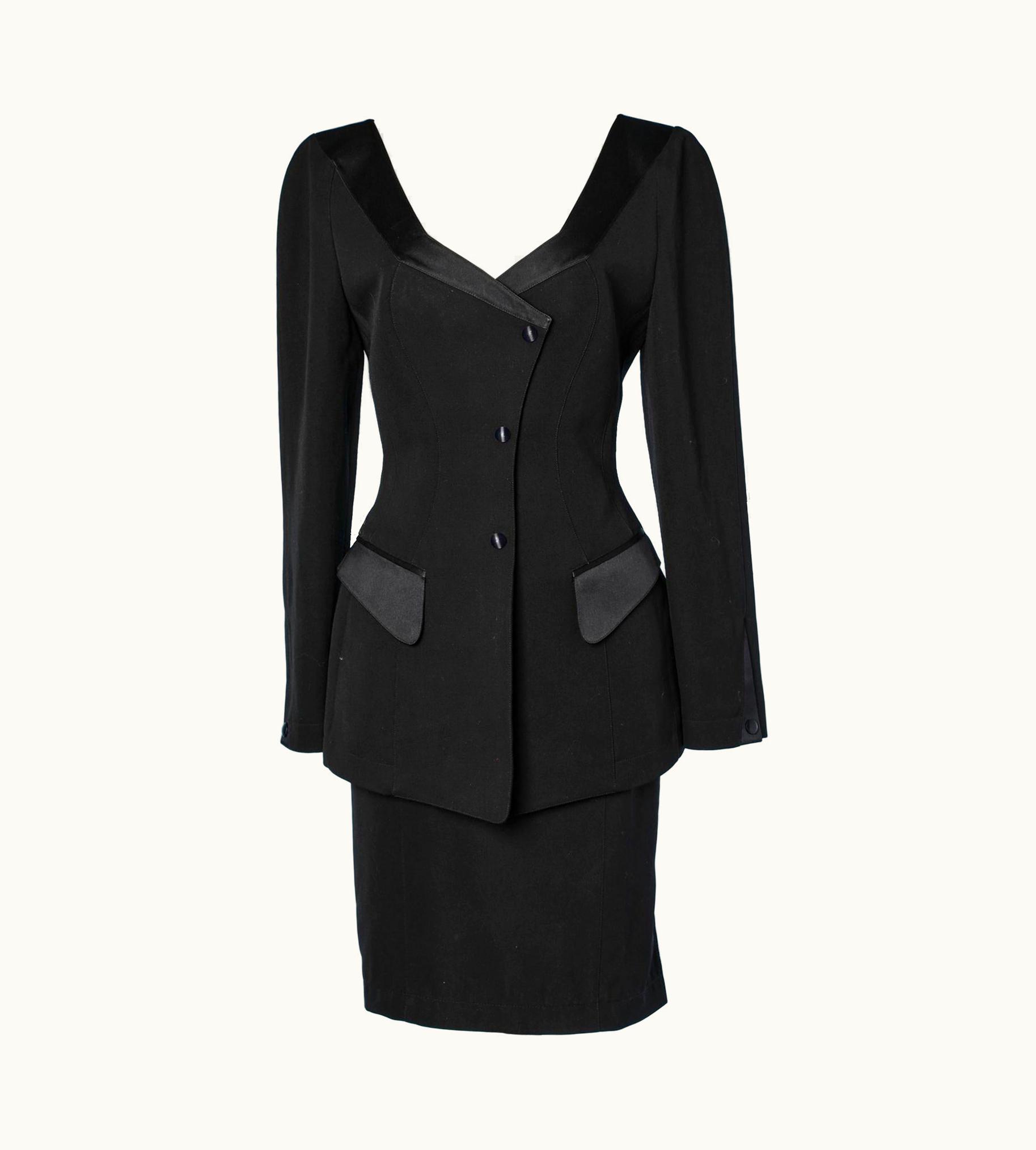 Mugler Black Wool Skirt-suit With Black Satin Details Thierry Mugler