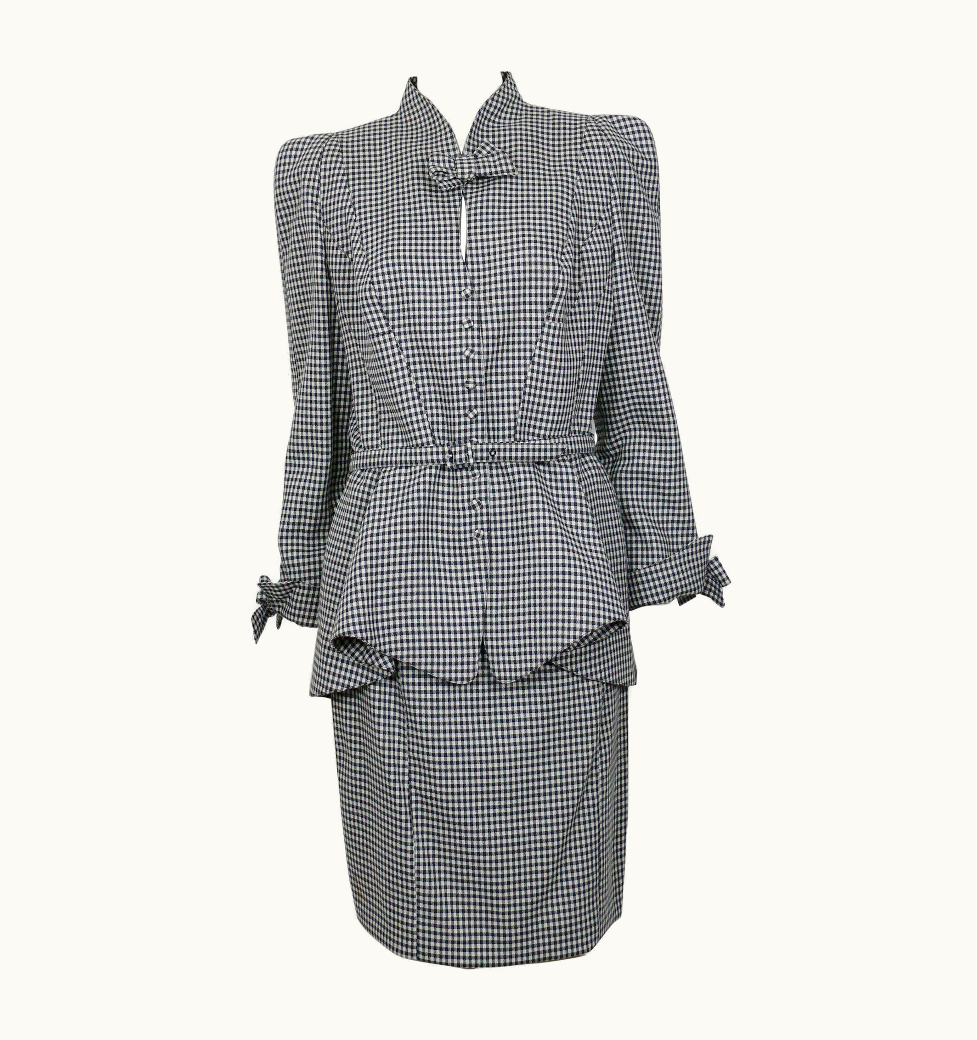 Mugler Thierry Mugler Vintage Black Gingham Print Worsted Wool Skirt Suit