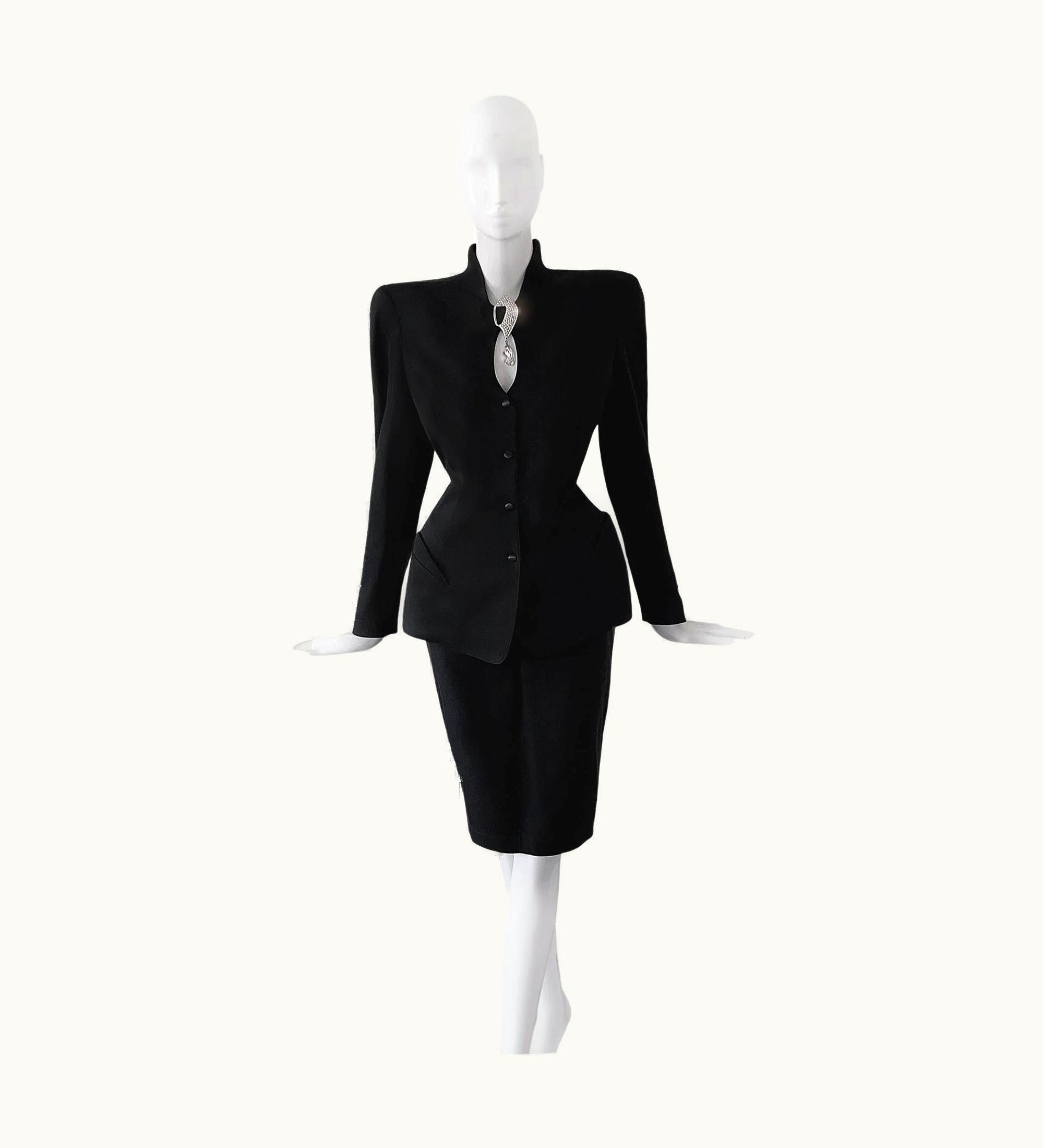 Mugler Gorgeous Thierry Mugler Crystal Glam Ensemble Sculptural Black Jacket Skirt Set