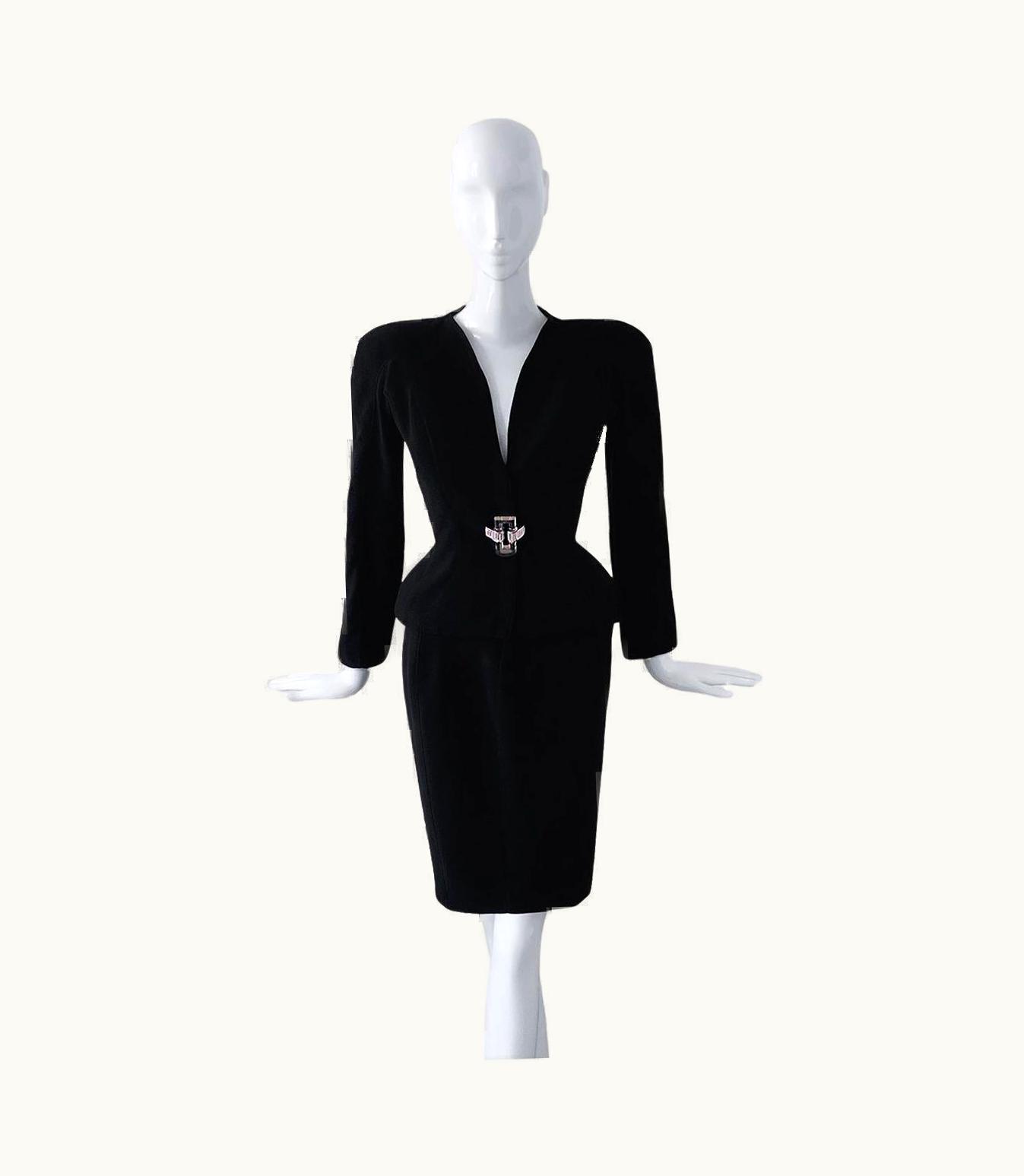 Mugler Thierry Mugler Runway Black Suit Skirtsuit Lucite Gem Buckle Blazer Jacket