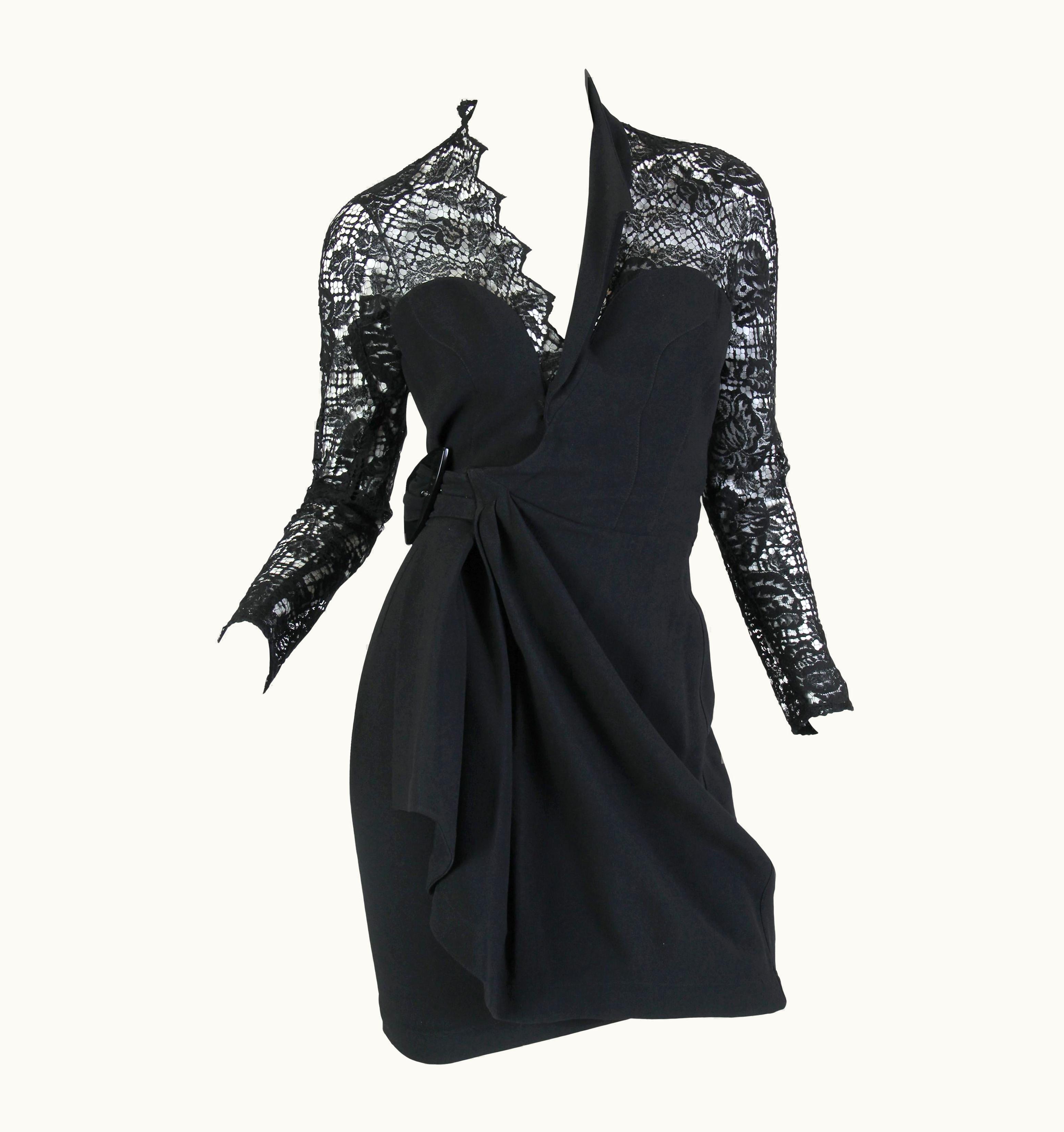 Mugler 1980s Thierry Mugler Black Rayon Blend Crepe Asymmetrically Draped Cocktail Dre