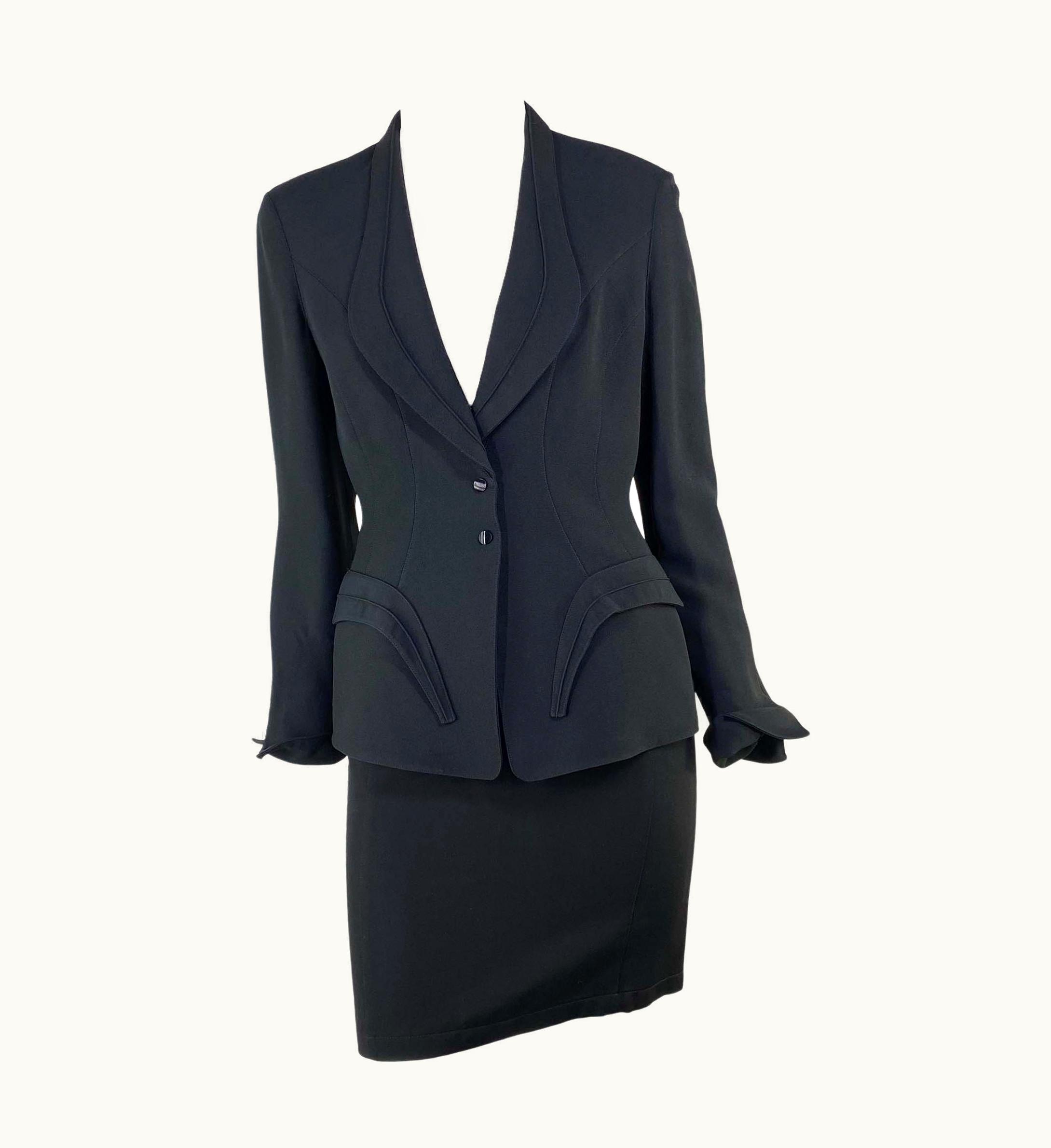 Mugler 1980s Thierry Mugler Sculptural Black Wool Skirt Suit Curved Pockets Vintage