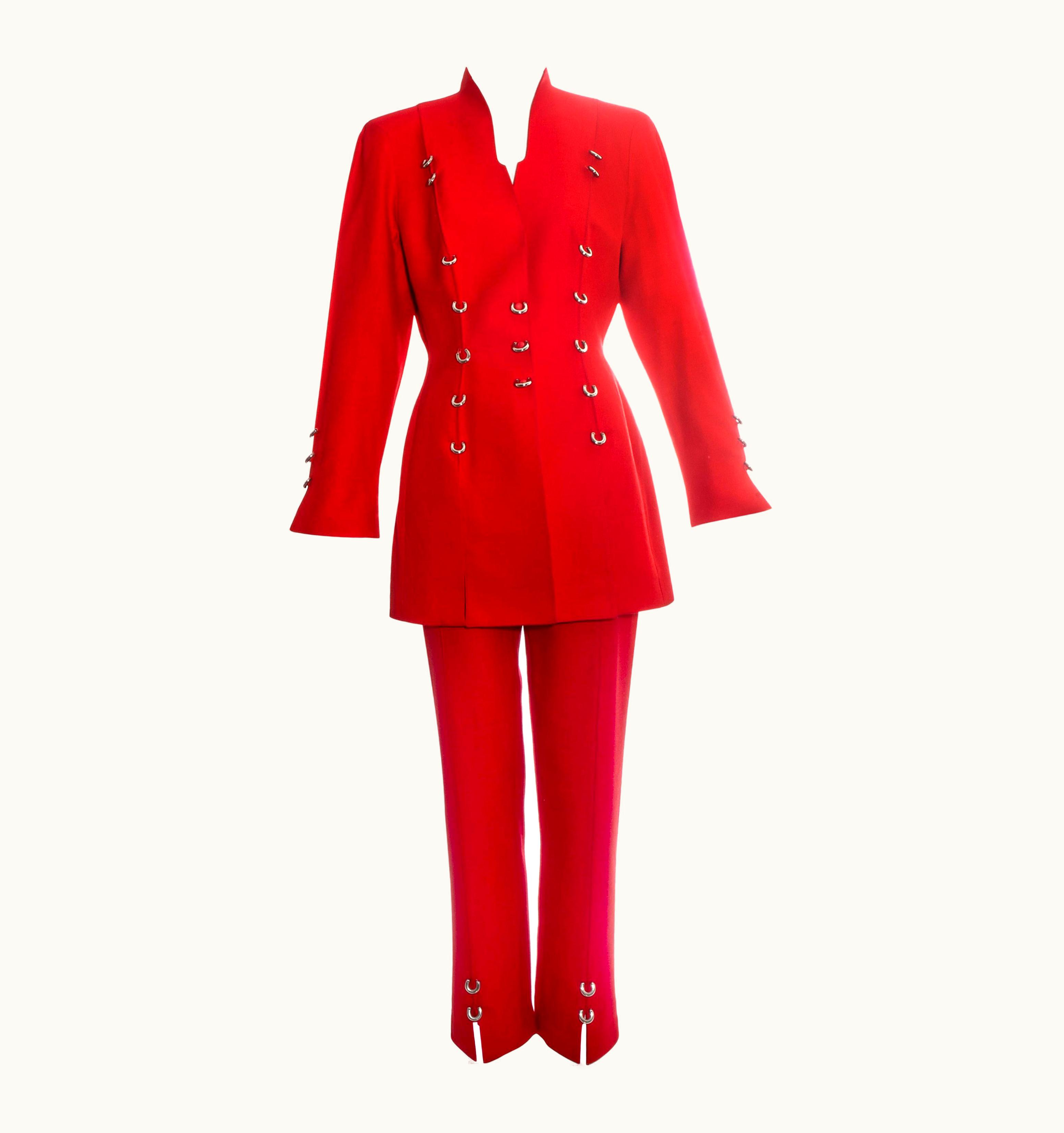 Mugler Thierry Mugler Red Pant Suit With Silver Metal Rings, C. 1990s