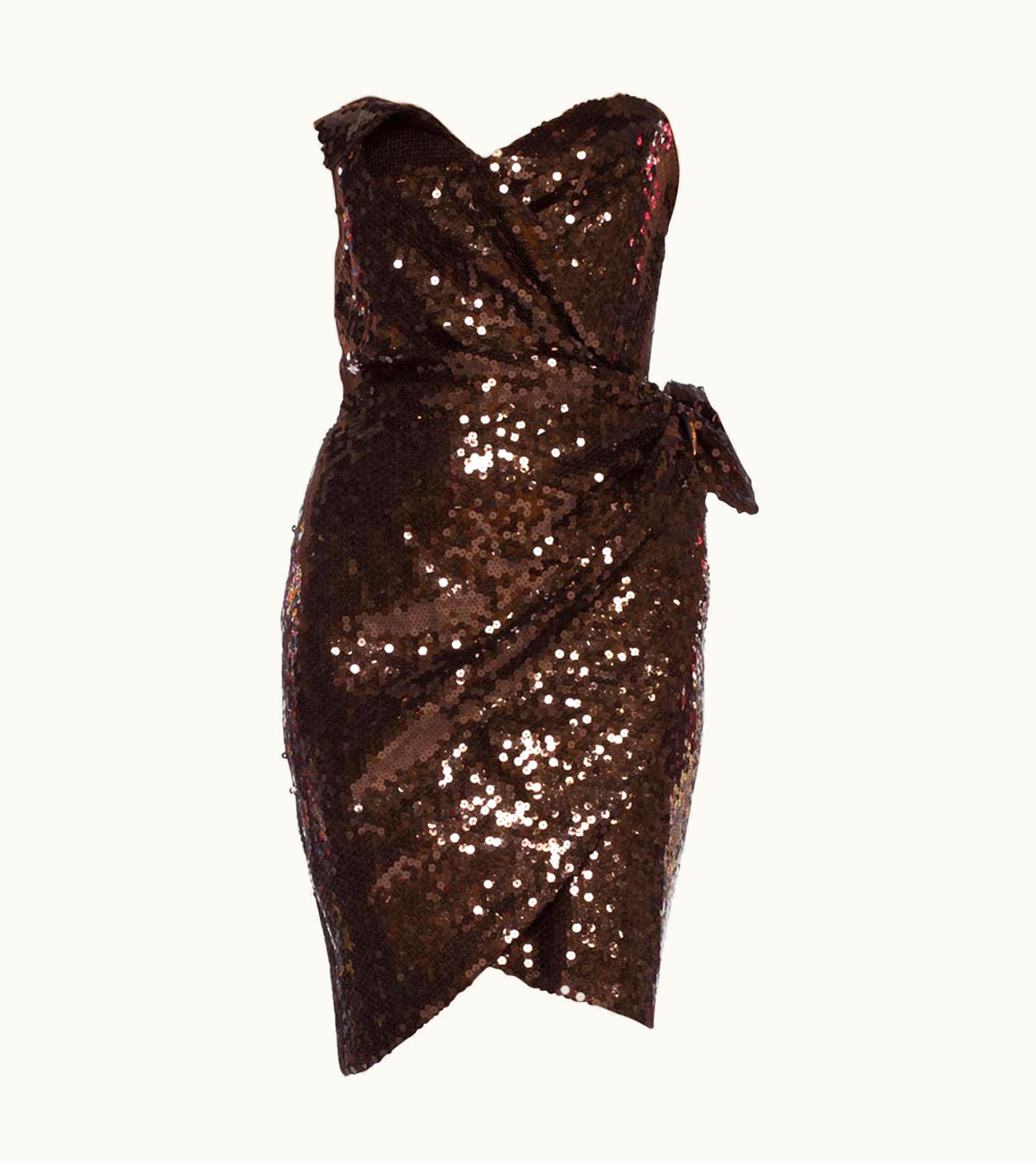 Mugler 1980s Thierry Mugler Chocolate Brown Rayon Fully Sequined Strapless Cocktail Dr