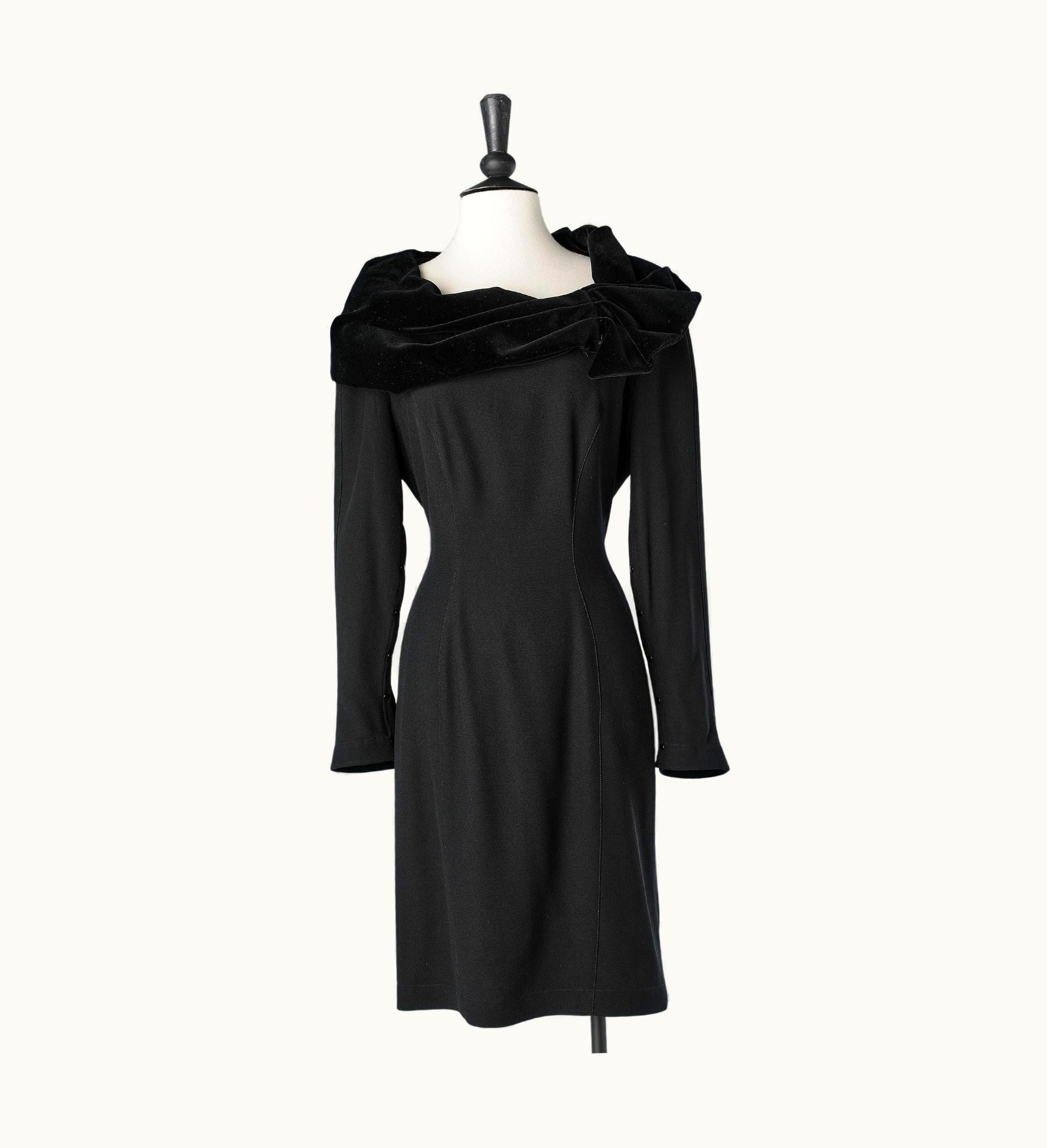 Mugler Black Crêpe Dress With Black Velvet Drape Neckline Thierry Mugler