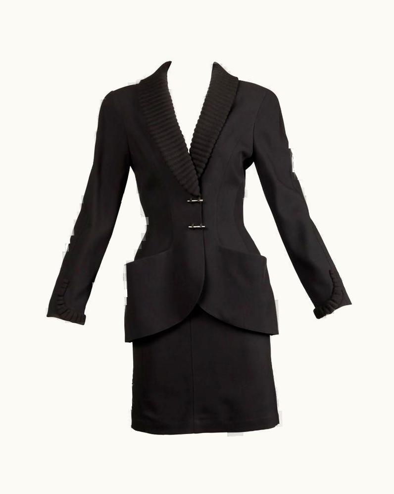 Mugler 1980s Thierry Mugler Vintage Black Wool Jacket + Skirt Suit 2-Pc Ensemble
