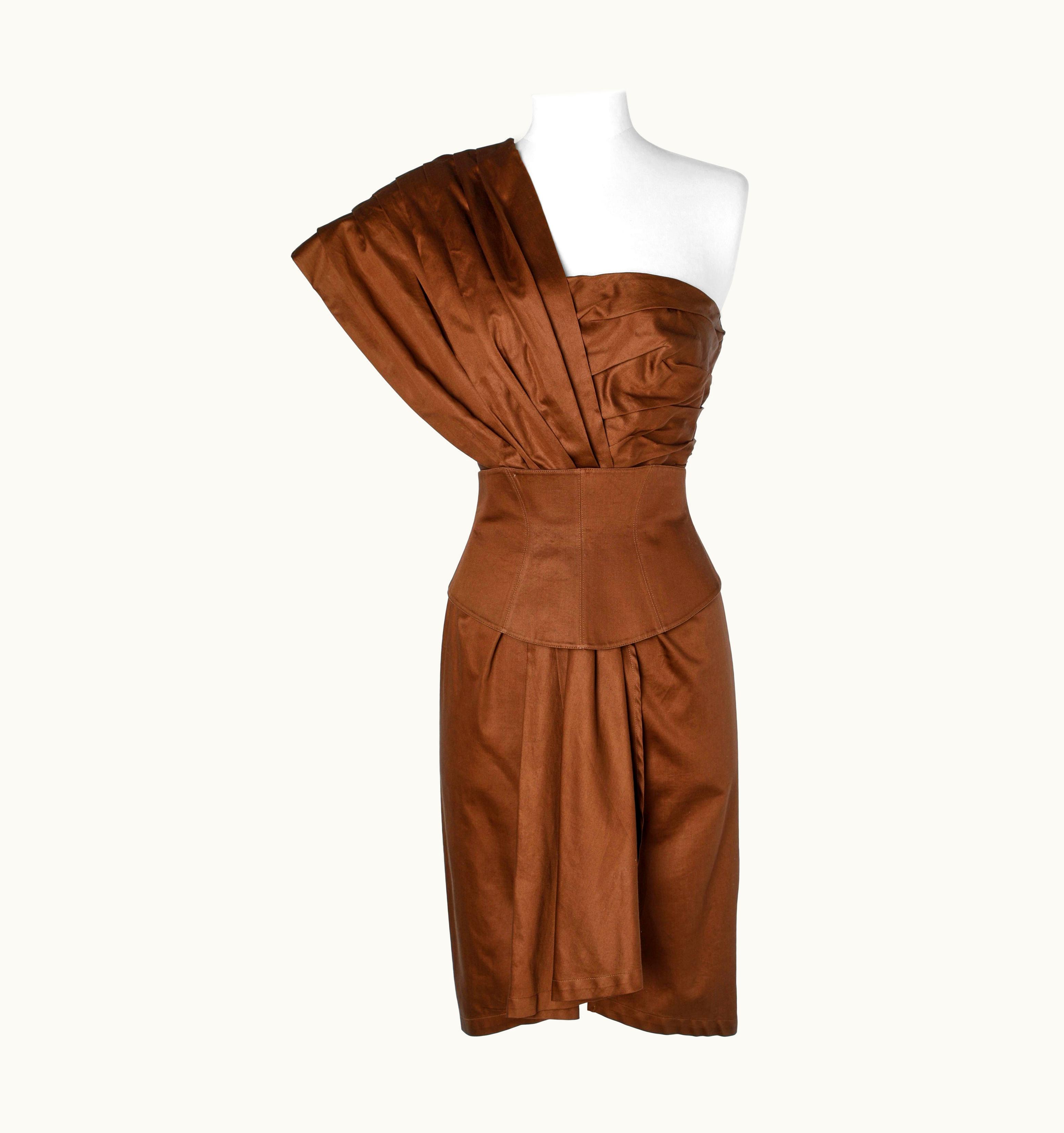 Mugler Brown Cotton Bustier Dress With Asymmetrical Shape Thierry Mugler Paris