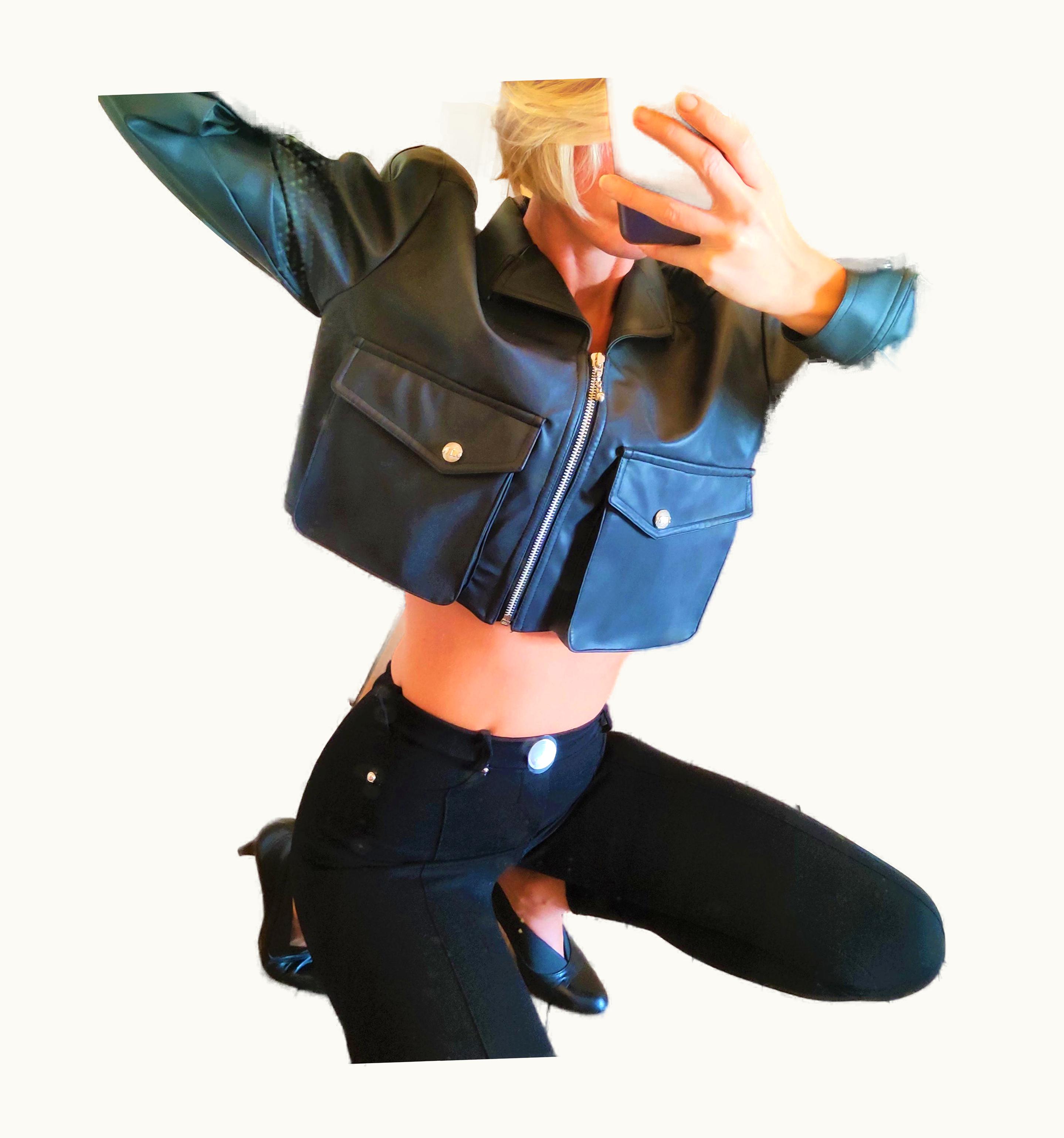 Mugler Thierry Mugler Black Motorcycle Trademark Faux Leather Top Blazer Crop Jacket