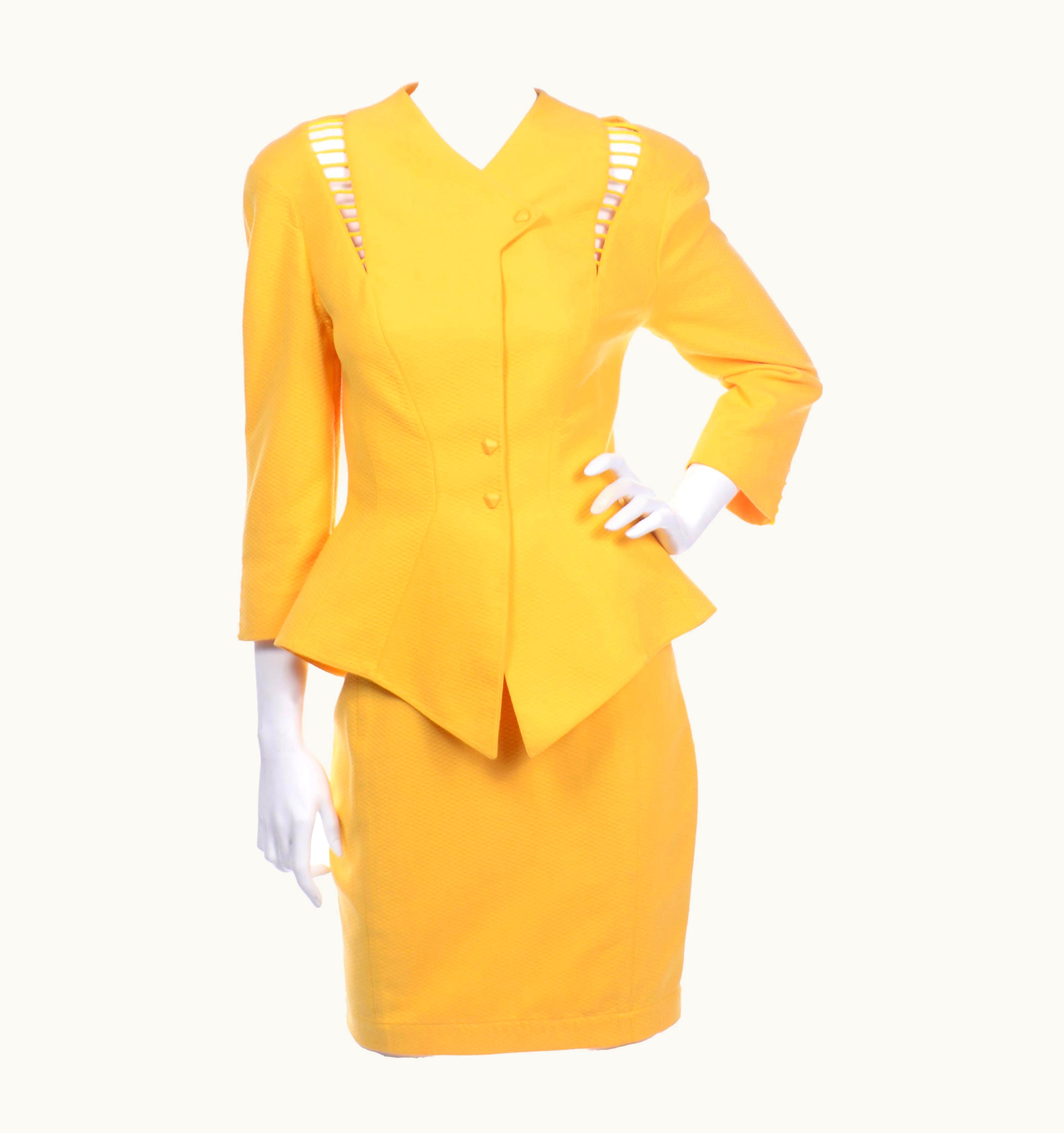 Mugler 1980s Thierry Mugler Paris Vintage Yellow Skirt & Peplum Blazer Suit WS/S Cutwork
