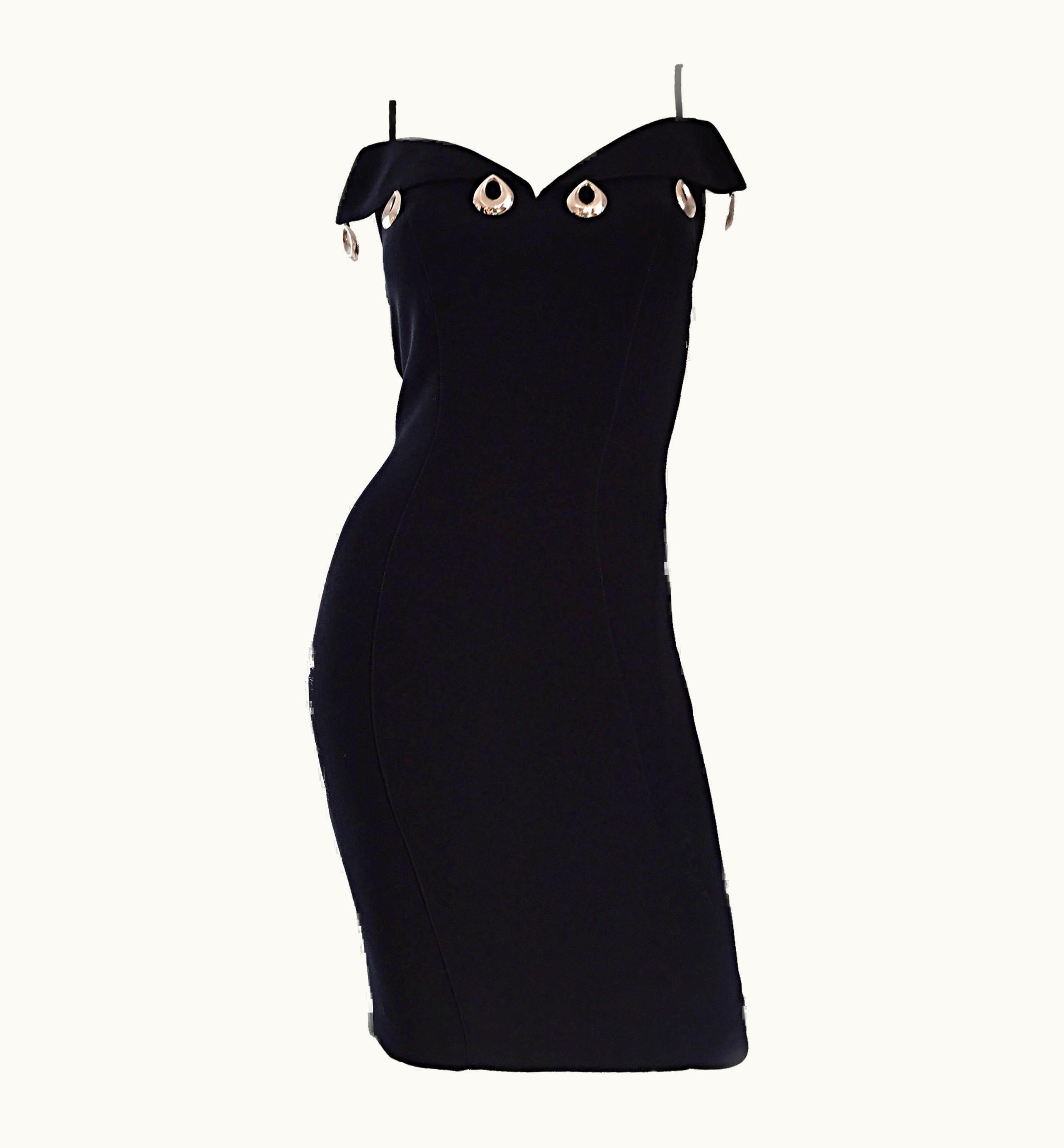 Mugler Sexy Vintage Thierry Mugler Black Avant Garde Bodycon Dress WS/S Silver Hoops Lbd