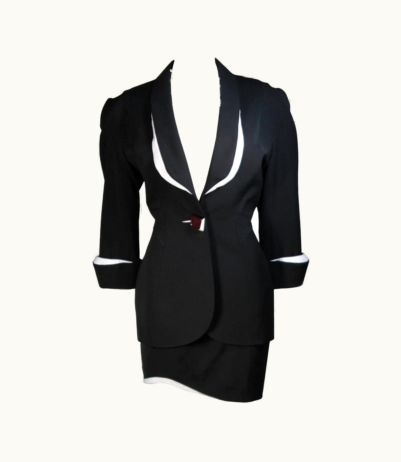 Mugler Thierry Mugler Black & White Skirt Suit w.Three Dimensional Lapel & Cuff Detail