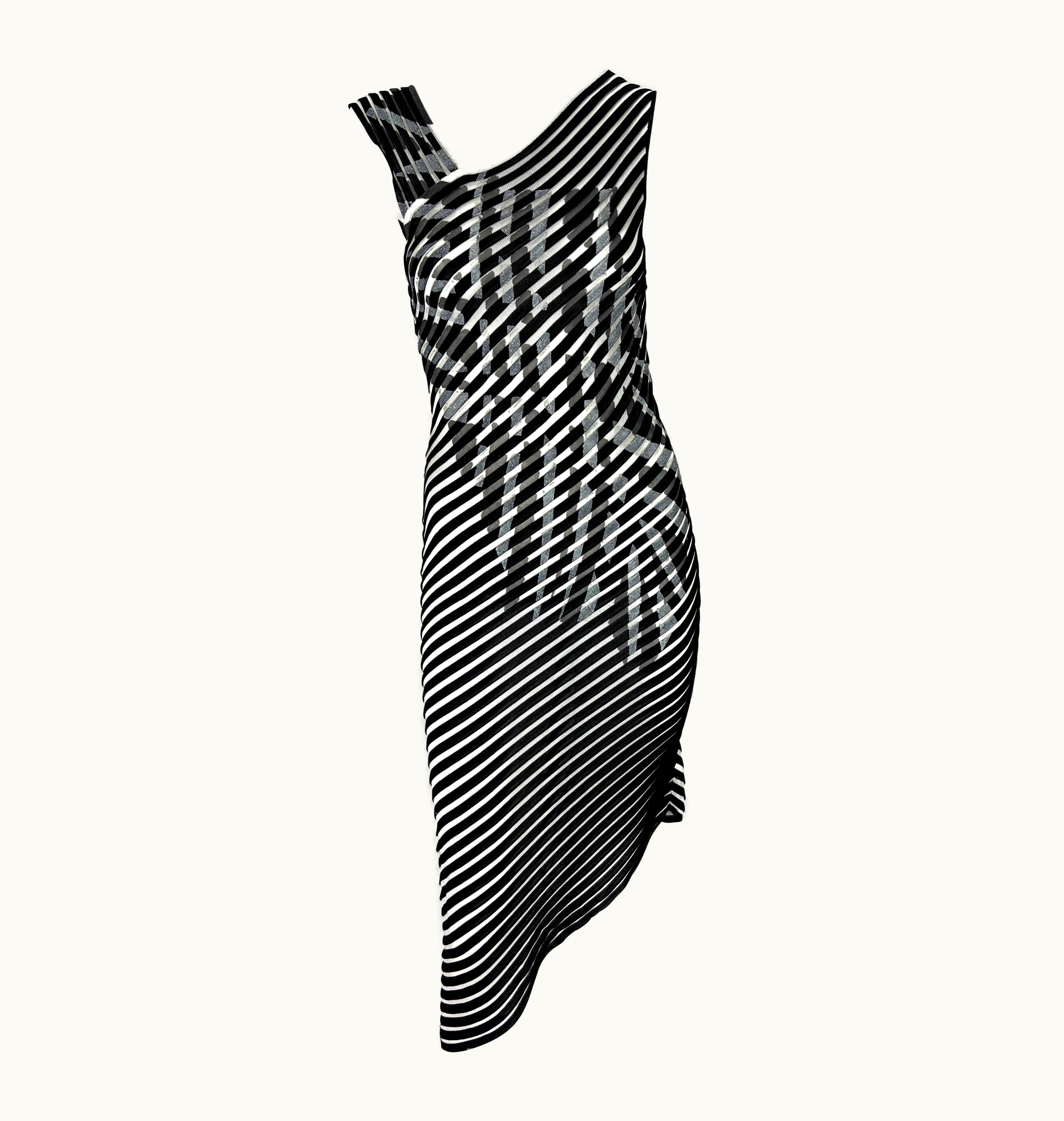 Mugler 2000s Thierry Mugler Couture Sheer Knit Stripe Silver Metallic Painted Dress