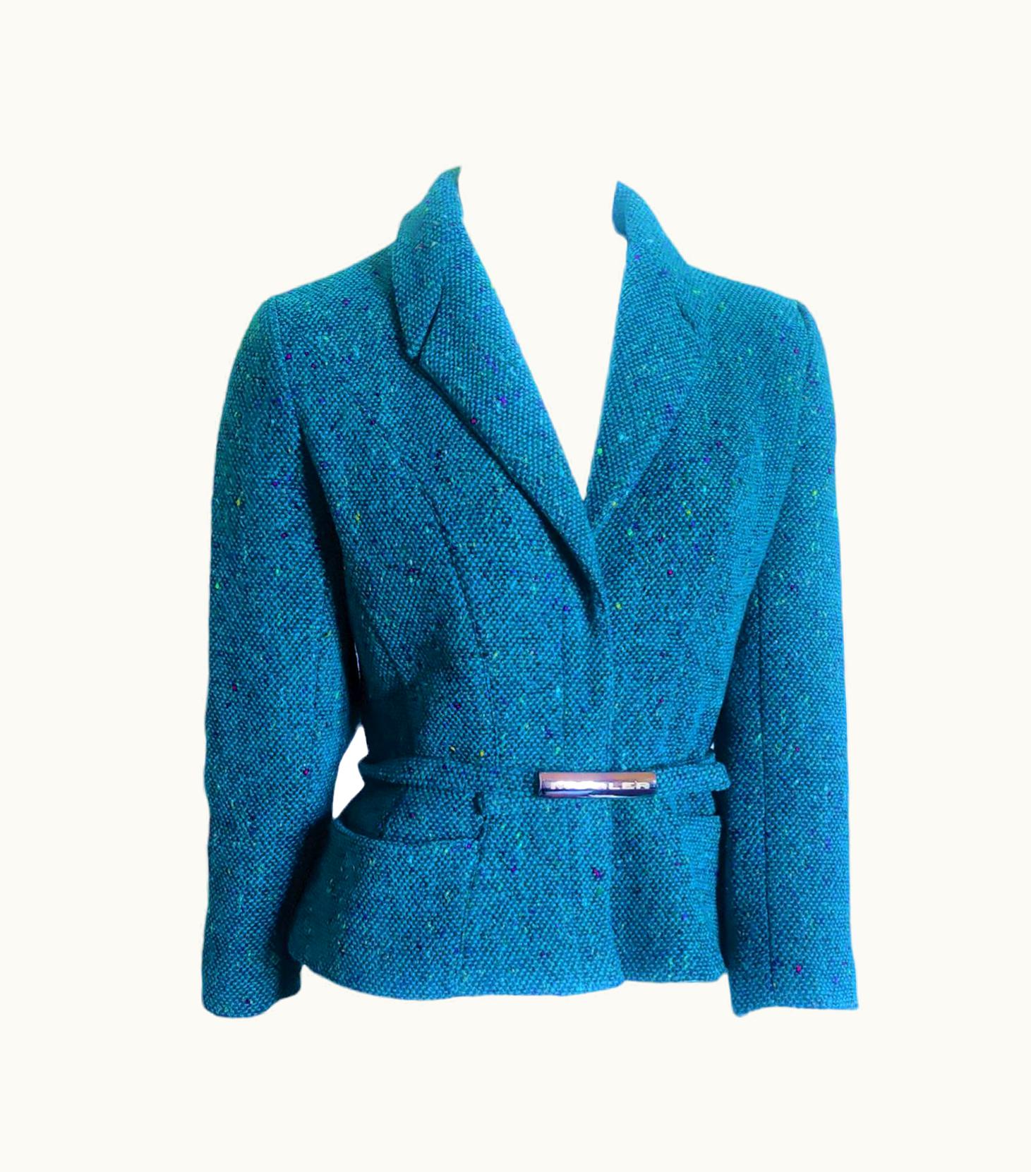 Mugler Thierry Mugler Blue Green Tweed Wasp Waist Bee Belt Runway Top Blazer Jakcet UZ0604529