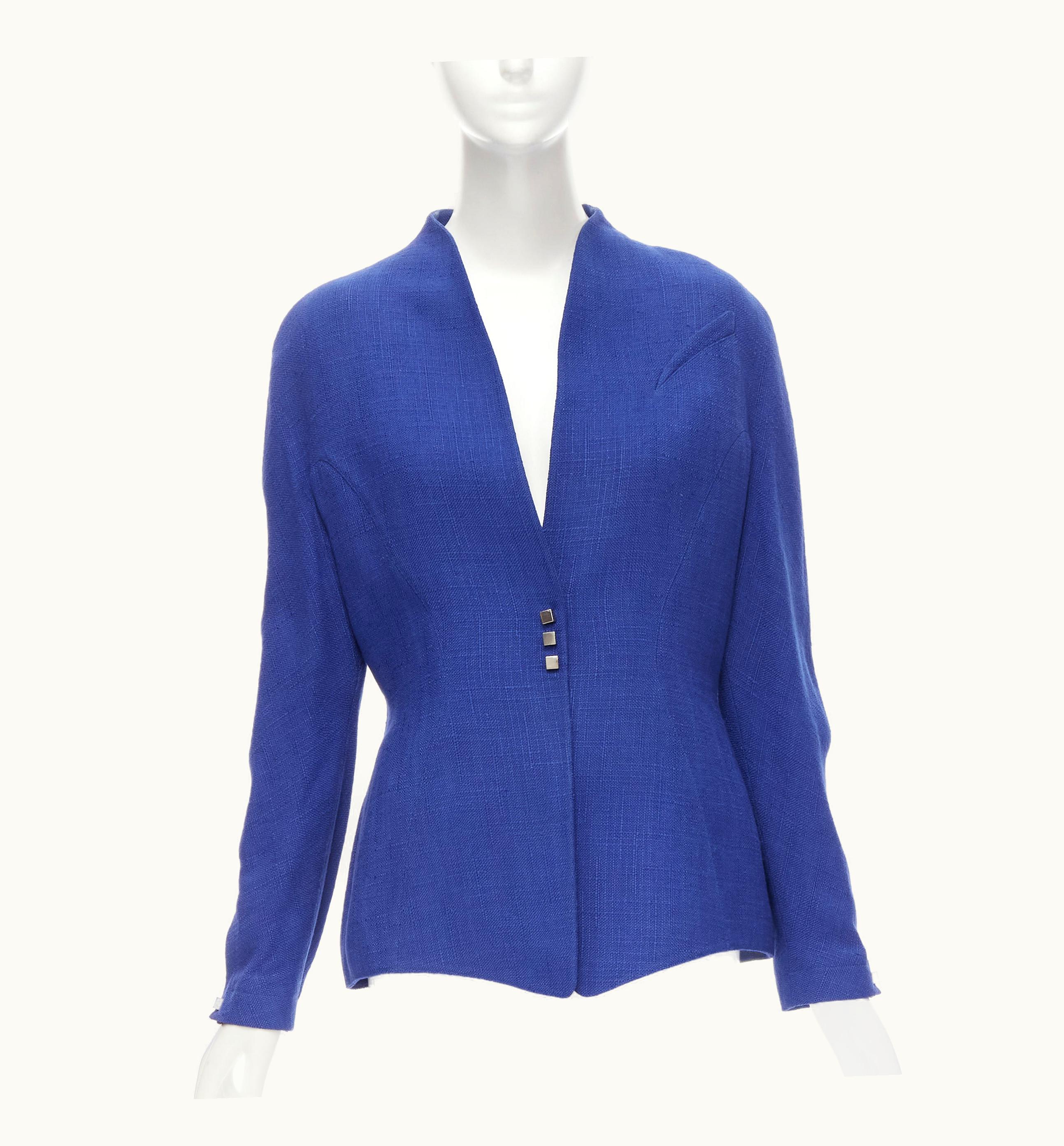 Mugler Thierry Mugler Vintage Blue Viscose Futuristic Curved Seams Peplum Jacket