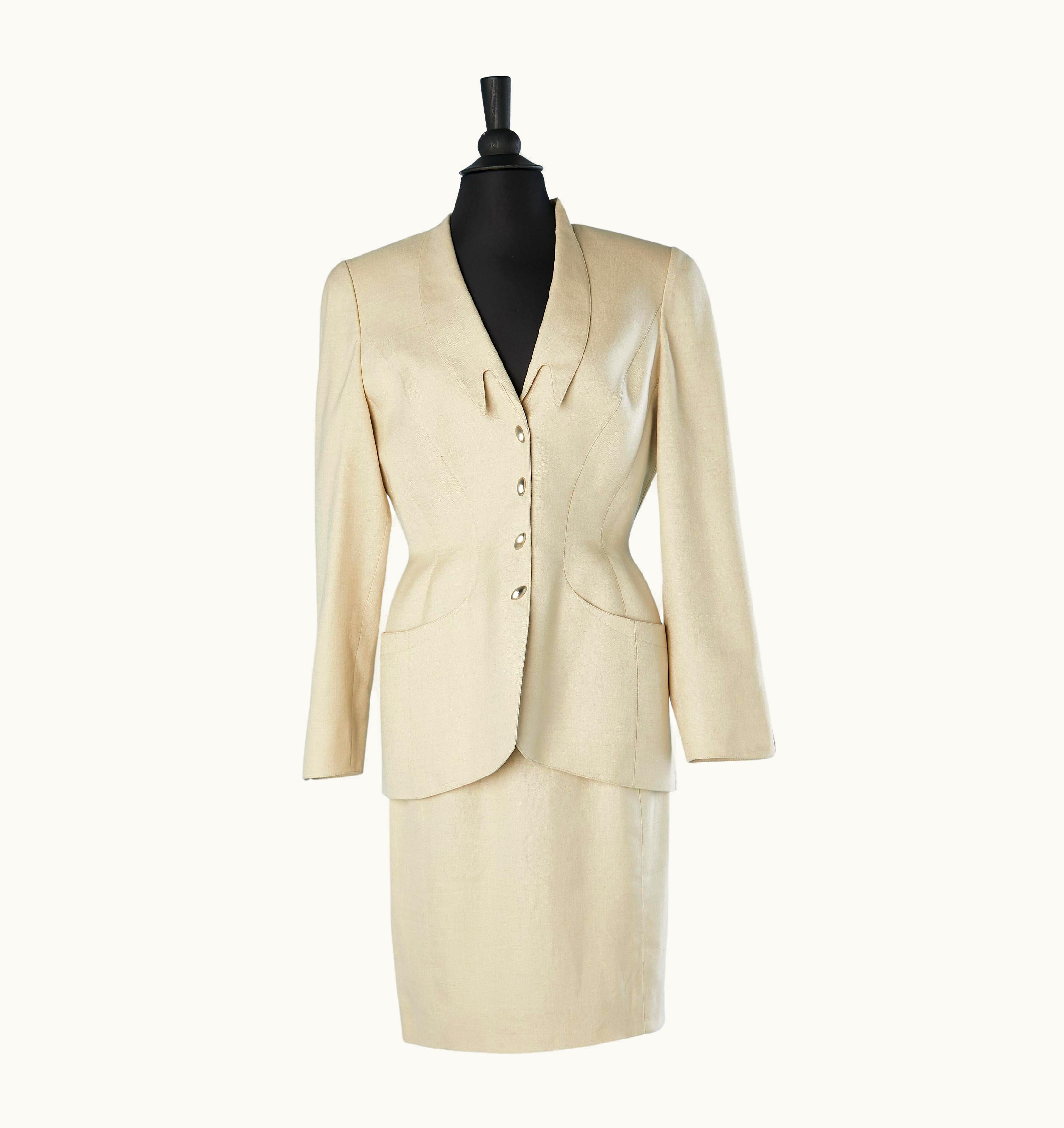 Mugler Beige Wool And Linen Skirt Suit With Cutwork Collar Thierry Mugler