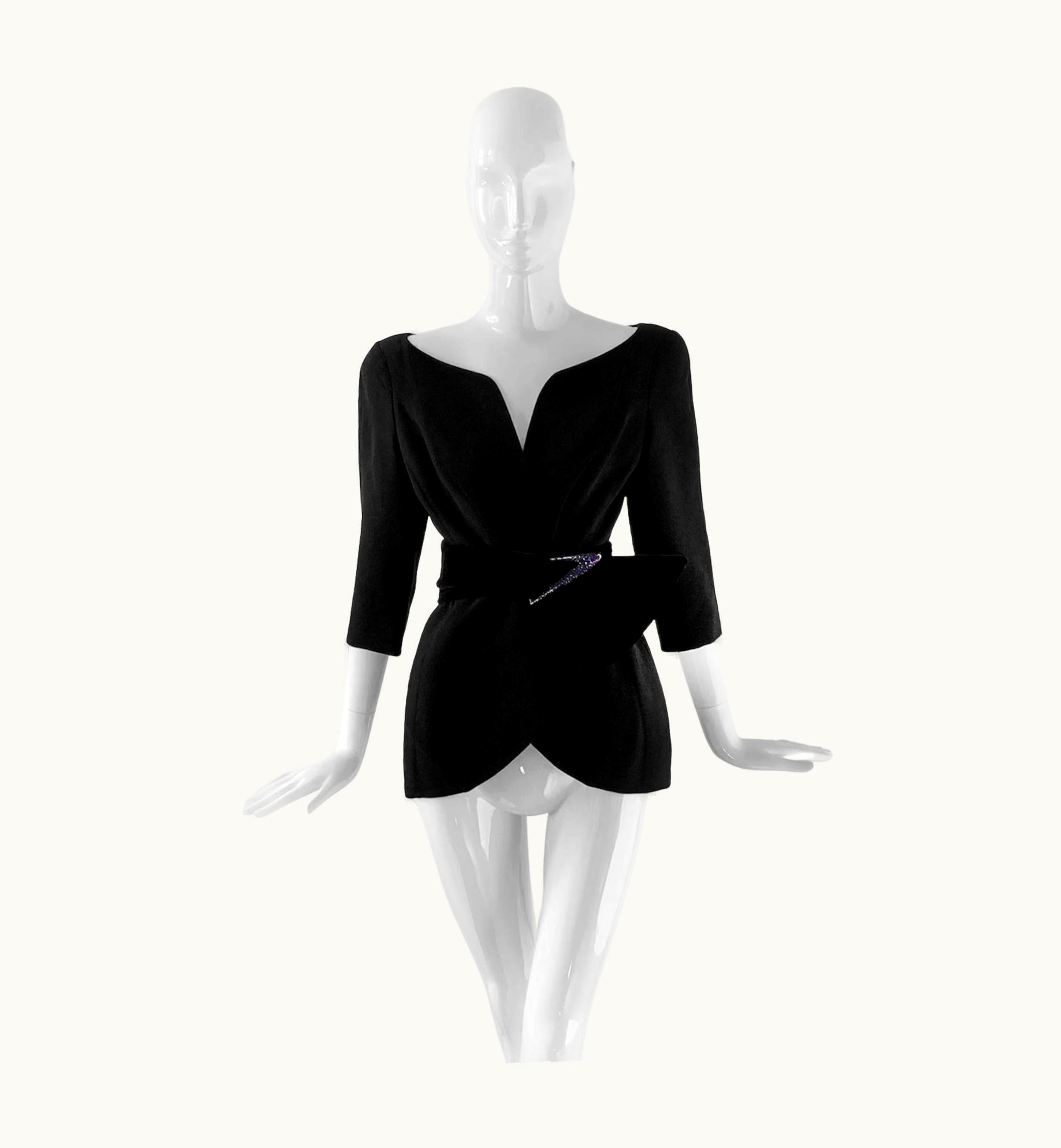 Mugler Iconic Thierry Mugler Blazer AW1995 Black Jewel Gem Belt Neckline 90s Jacket