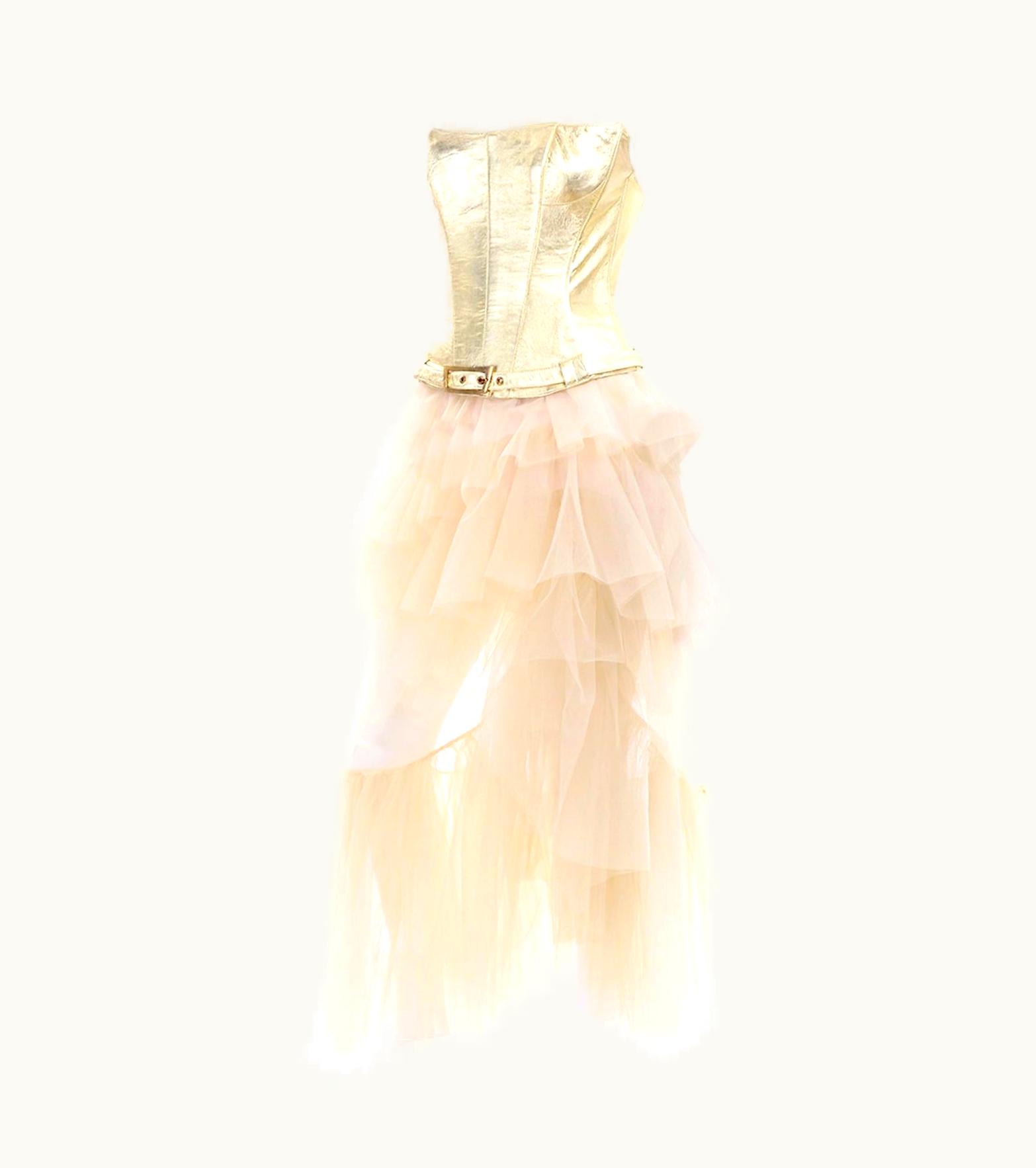 Mugler Thierry Mugler Couture Vintage Sand Tulle Skirt & Gold Leather Corset Top & Belt