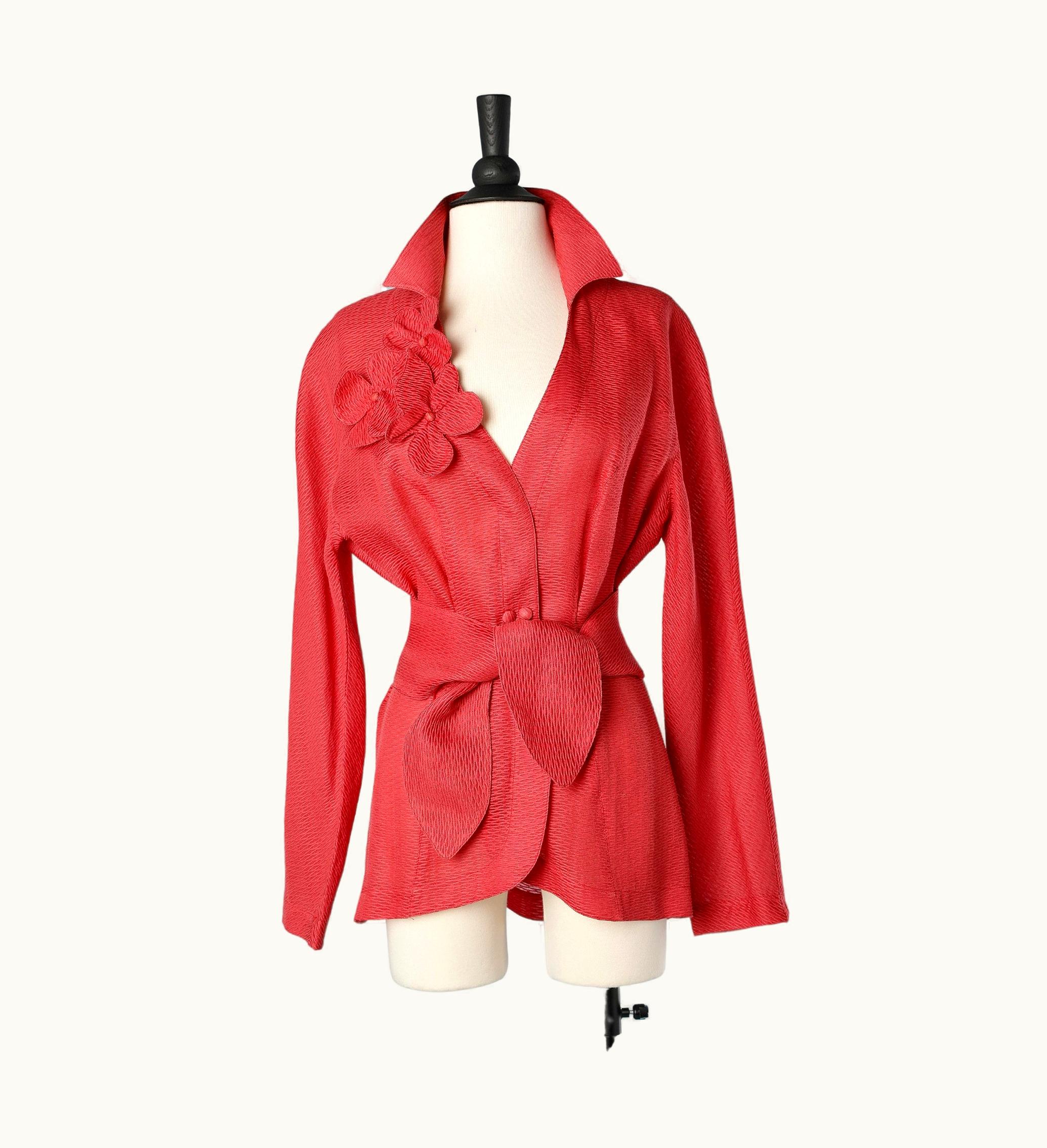 Mugler Red Silk Single Breasted Jacket With Flower Appliqué And Belt Thierry Mugler
