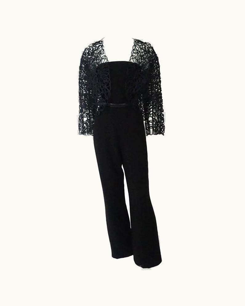 Mugler Thierry Mugler Black Strapless Jumpsuit WS/S Lace Soutache Jacket-40 Circa 80'