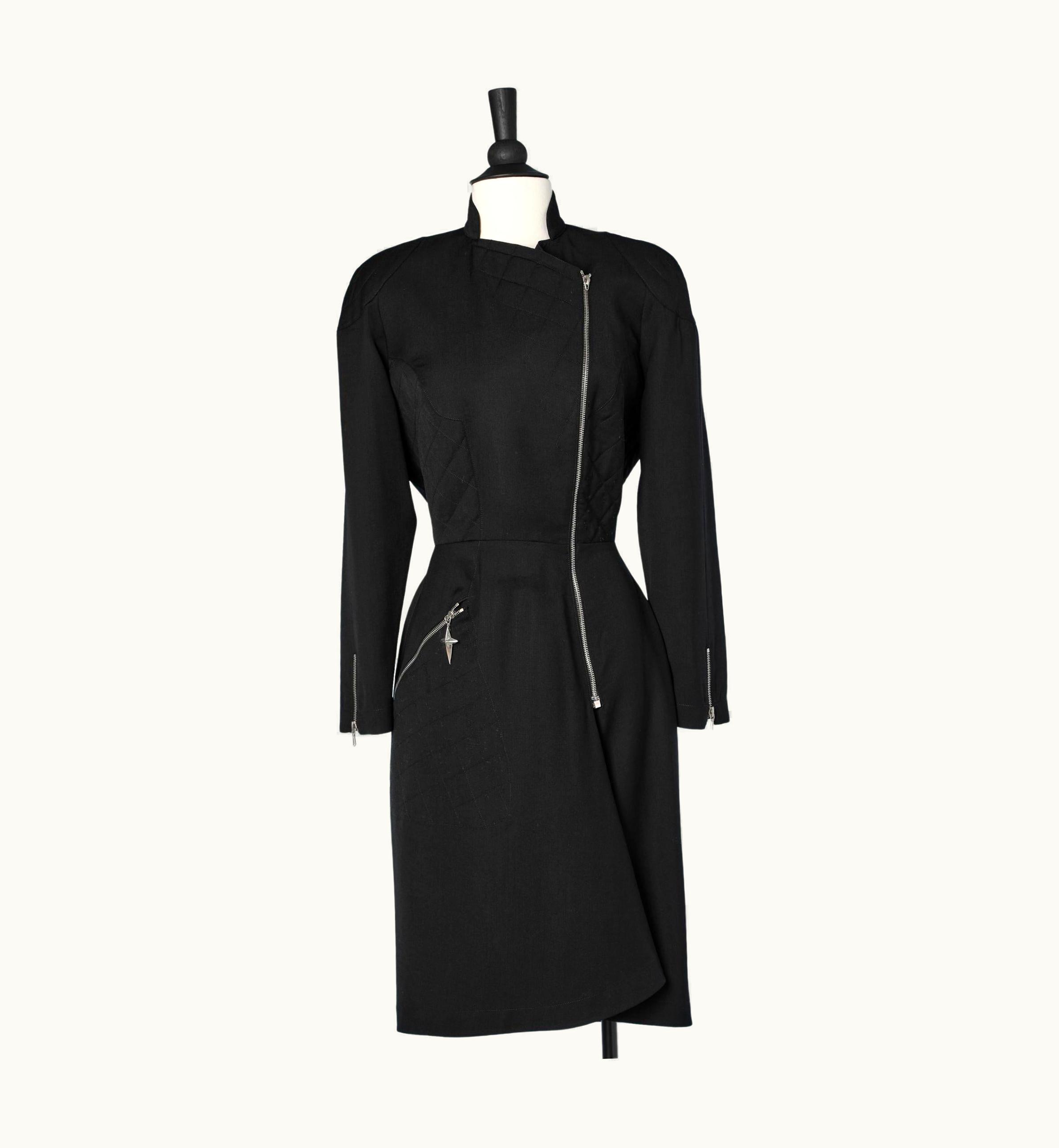 Mugler Black Asymmetrical Wrap Dress In Thin Wool With Side Zip Thierry Mugler