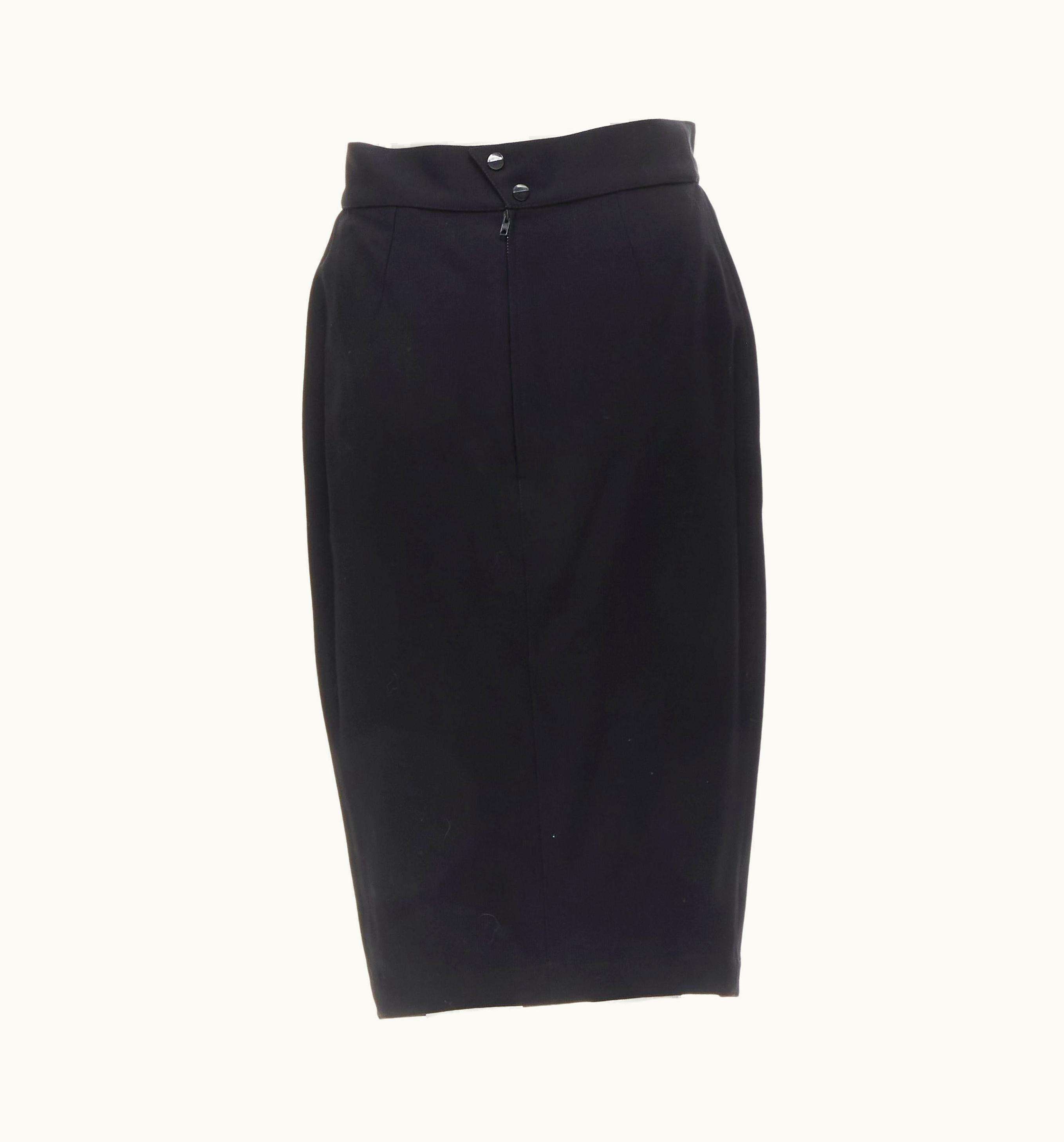 Mugler Thierry Mugler Vintage Jagged Cut Out Hem Black Worsted Wool Pencil Skirt
