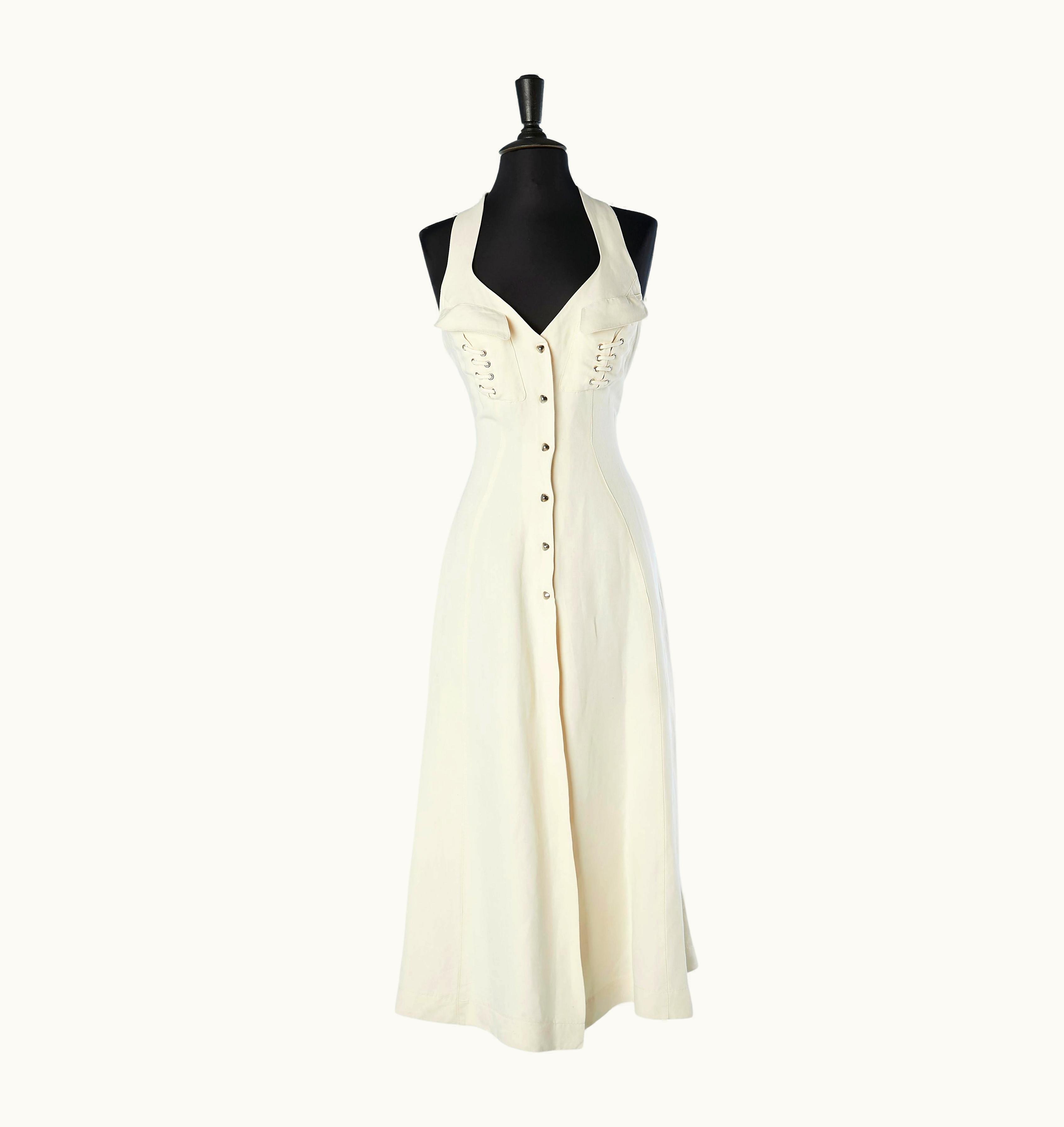 Mugler Off-white Cotton Dress With Lace-up On The Back And Pockets Thierry Mugler Activ