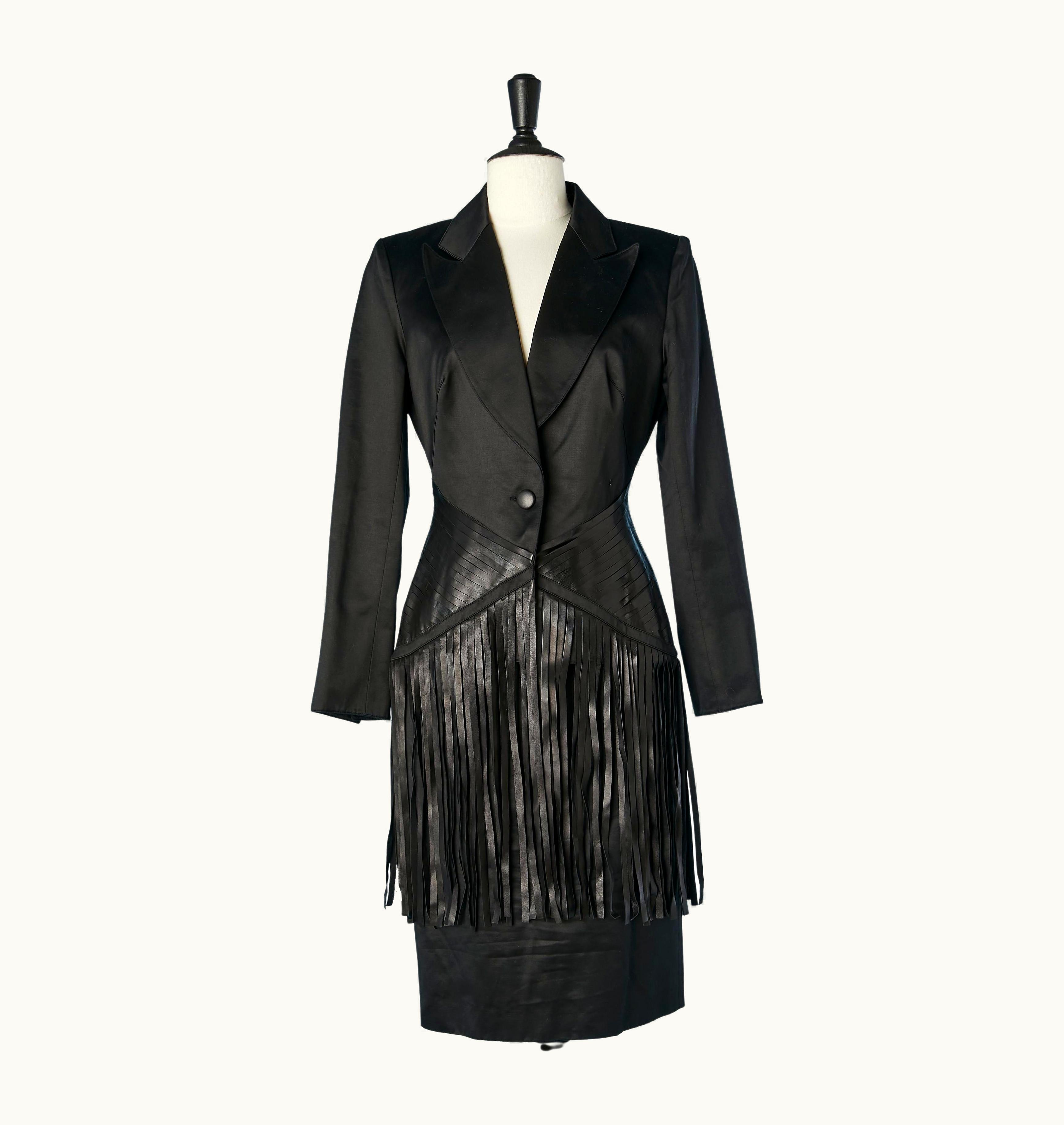 Mugler Black Satin Skirt-suit With Black Leather Fringes Thierry Mugler Couture