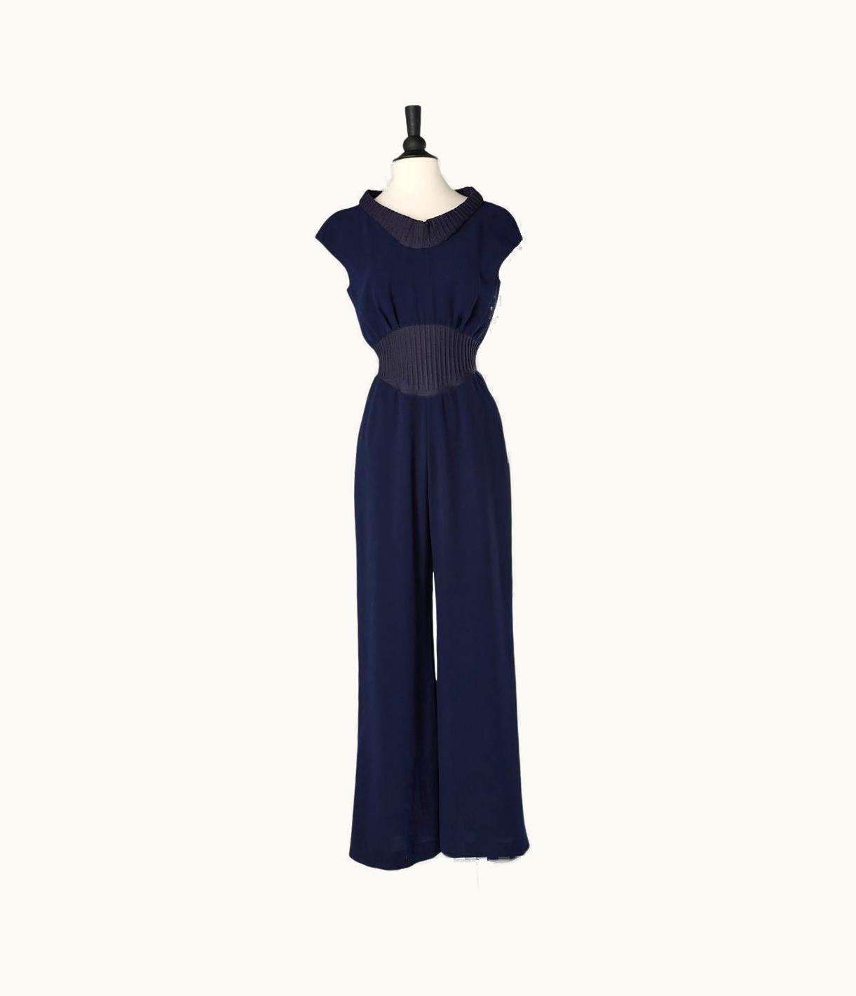 Mugler Navy Sleeveless Jumpsuit With Knit Collar And Waist Thierry Mugler Couture