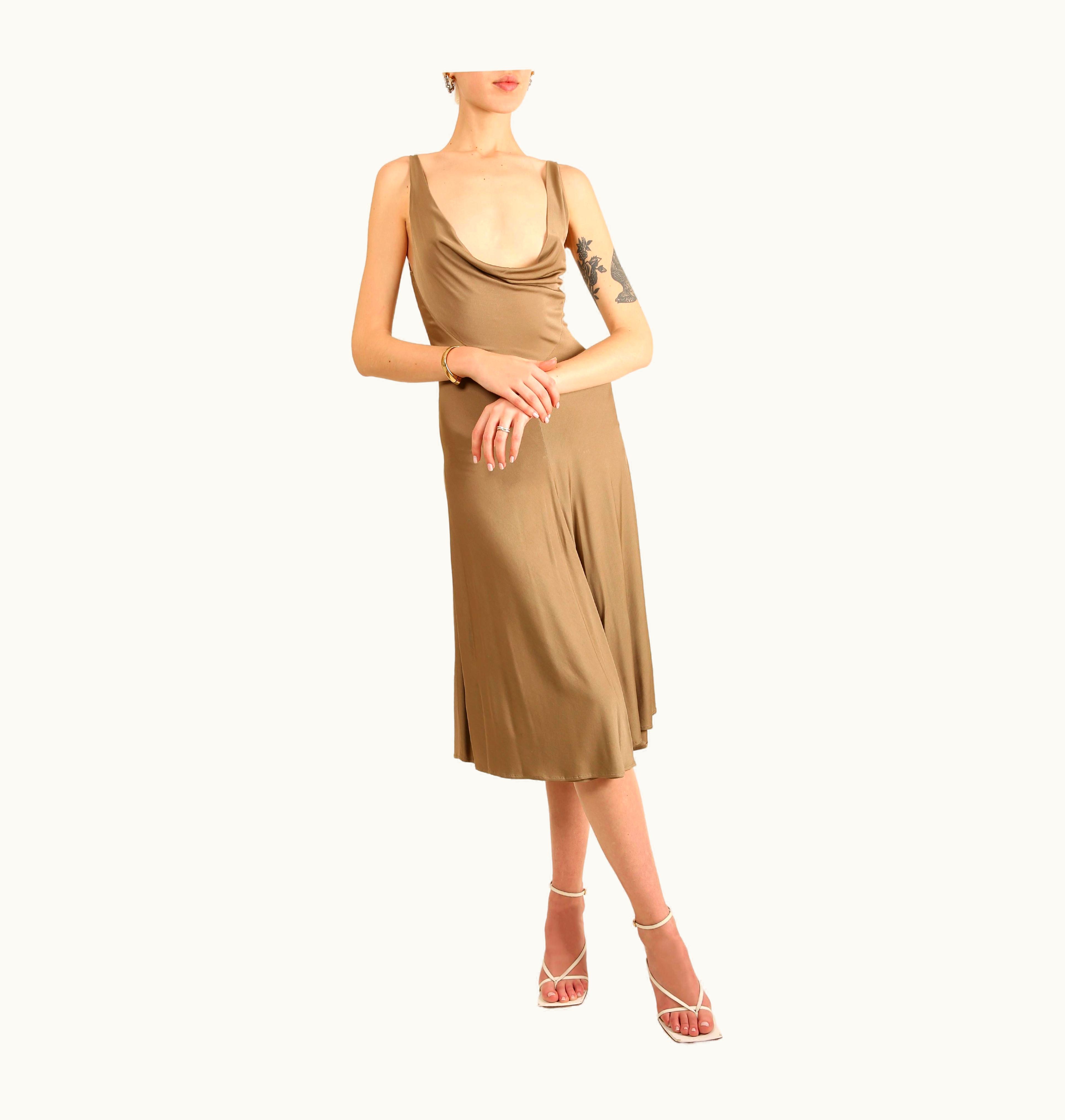Mugler Thierry Mugler Couture Taupe Sleeveless Plunging Neck Low Cut Silk Midi Dress