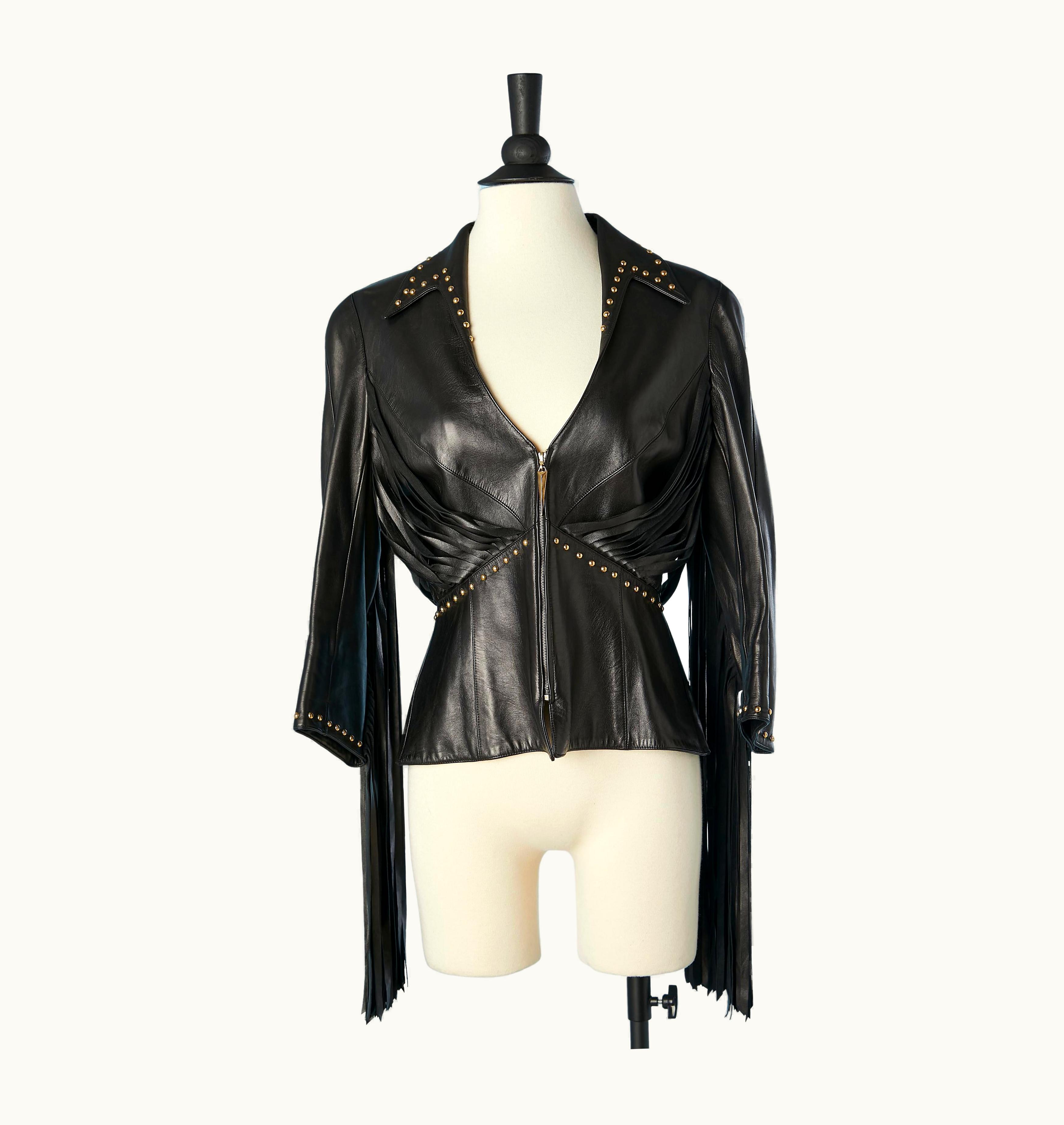 Mugler Leather Jacket With Gold Metal Studs And Leather Fringes Thierry Mugler Couture
