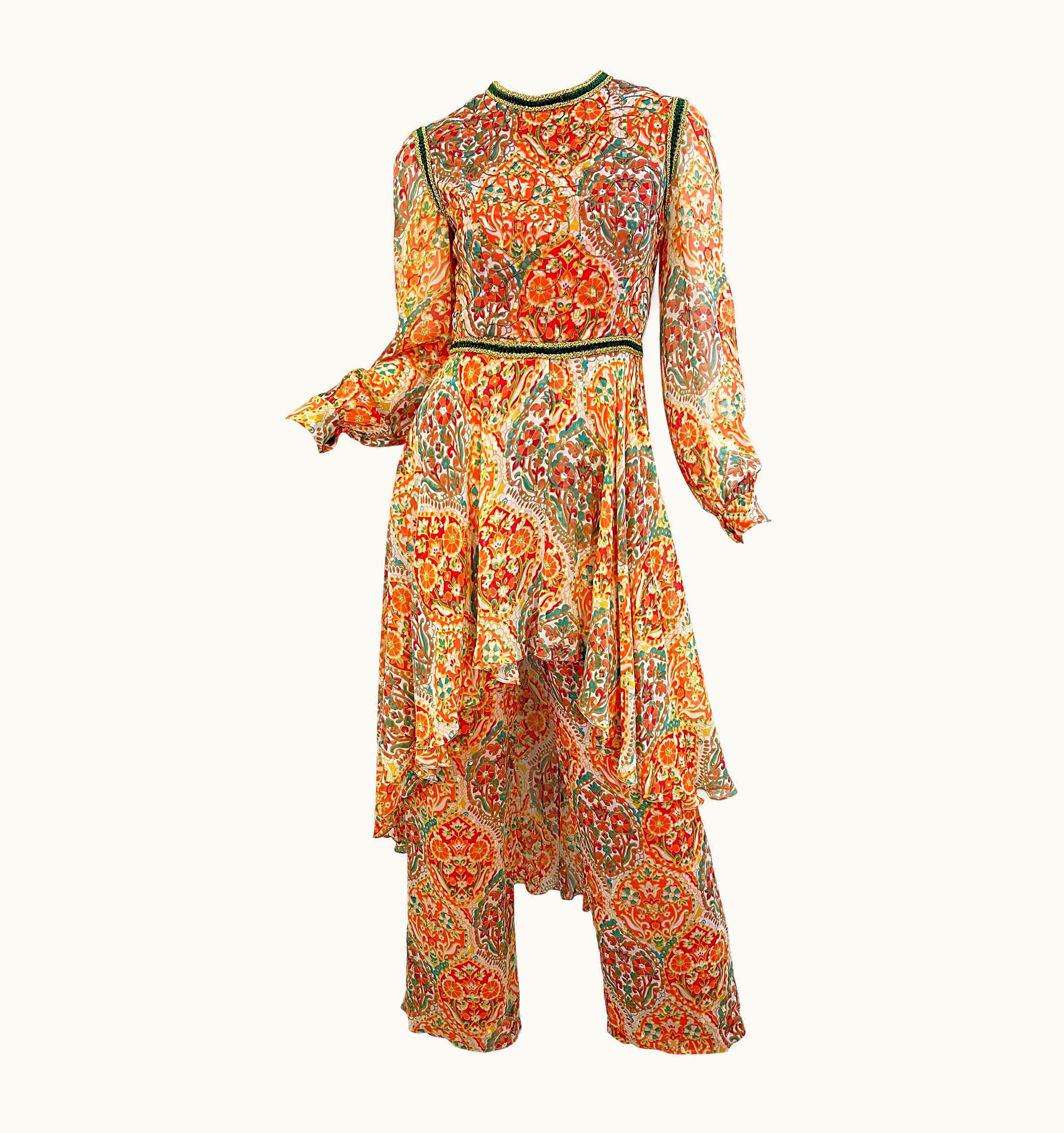 Oscar De La Renta Oscar De La Renta 1970s Boho Batik Paisley Print Vintage 70s Wide Leg Jumpsuit