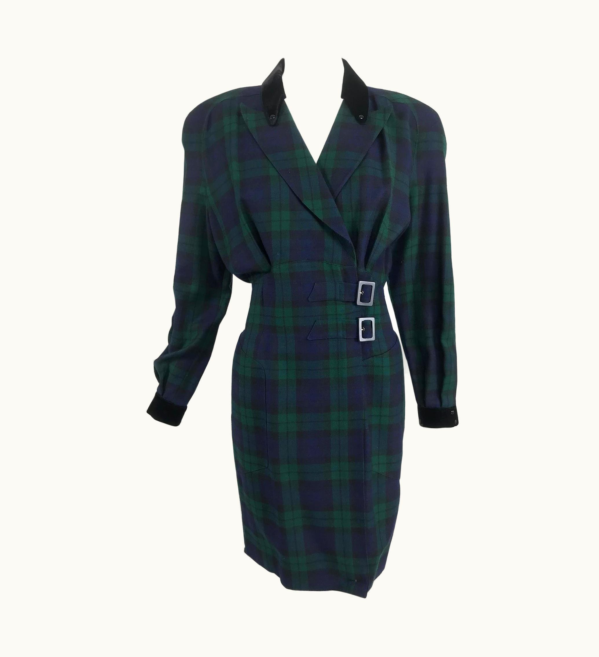 Mugler Thierry Mugler Plaid Corset Buckle Waist Wrap Dress 1980s