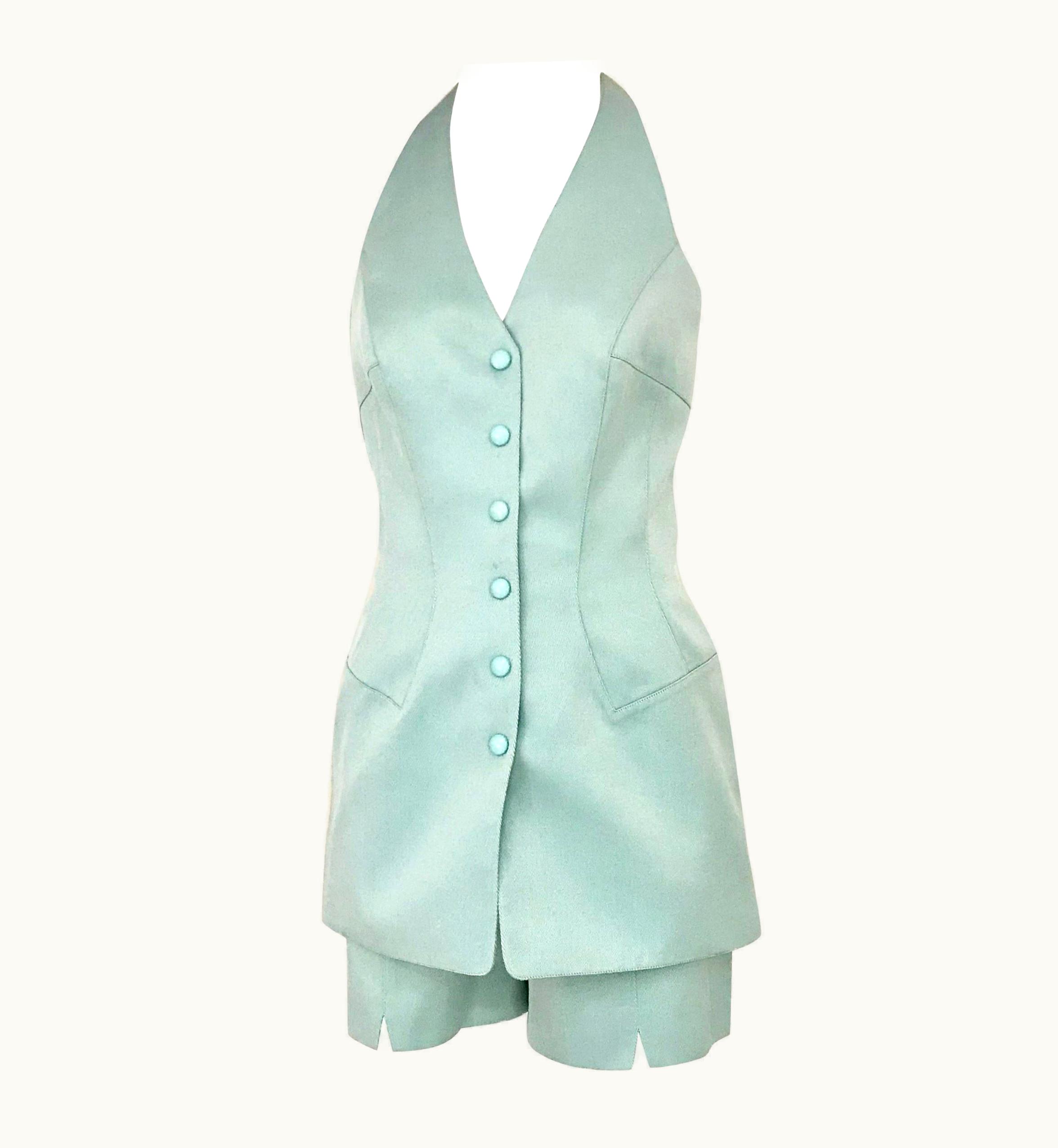 Mugler Vintage Thierry Mugler Light Turquoise Blue Halter Top And Shorts Set