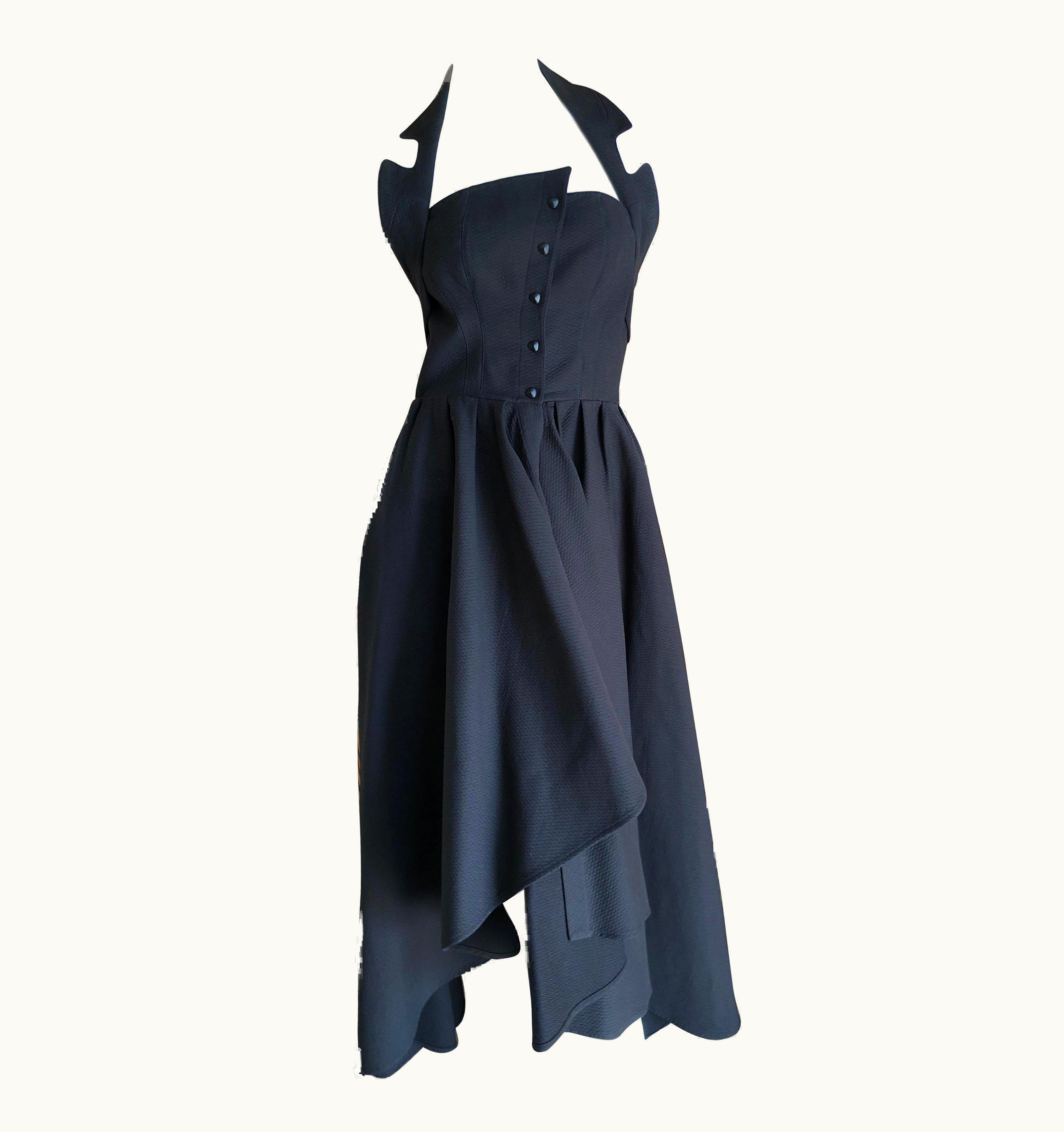Mugler Thierry Mugler 1980' Black Cotton Pique Hi Low Snap Front Dress