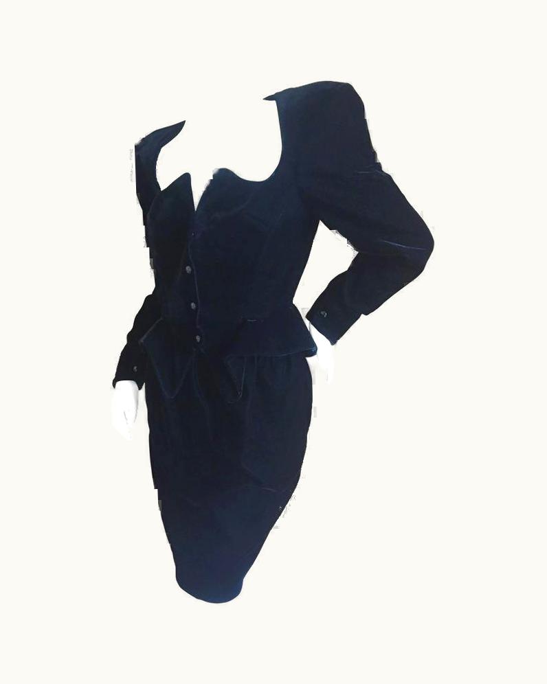 Mugler Thierry Mugler 1980' Portrait Neckline Black Velvet Suit