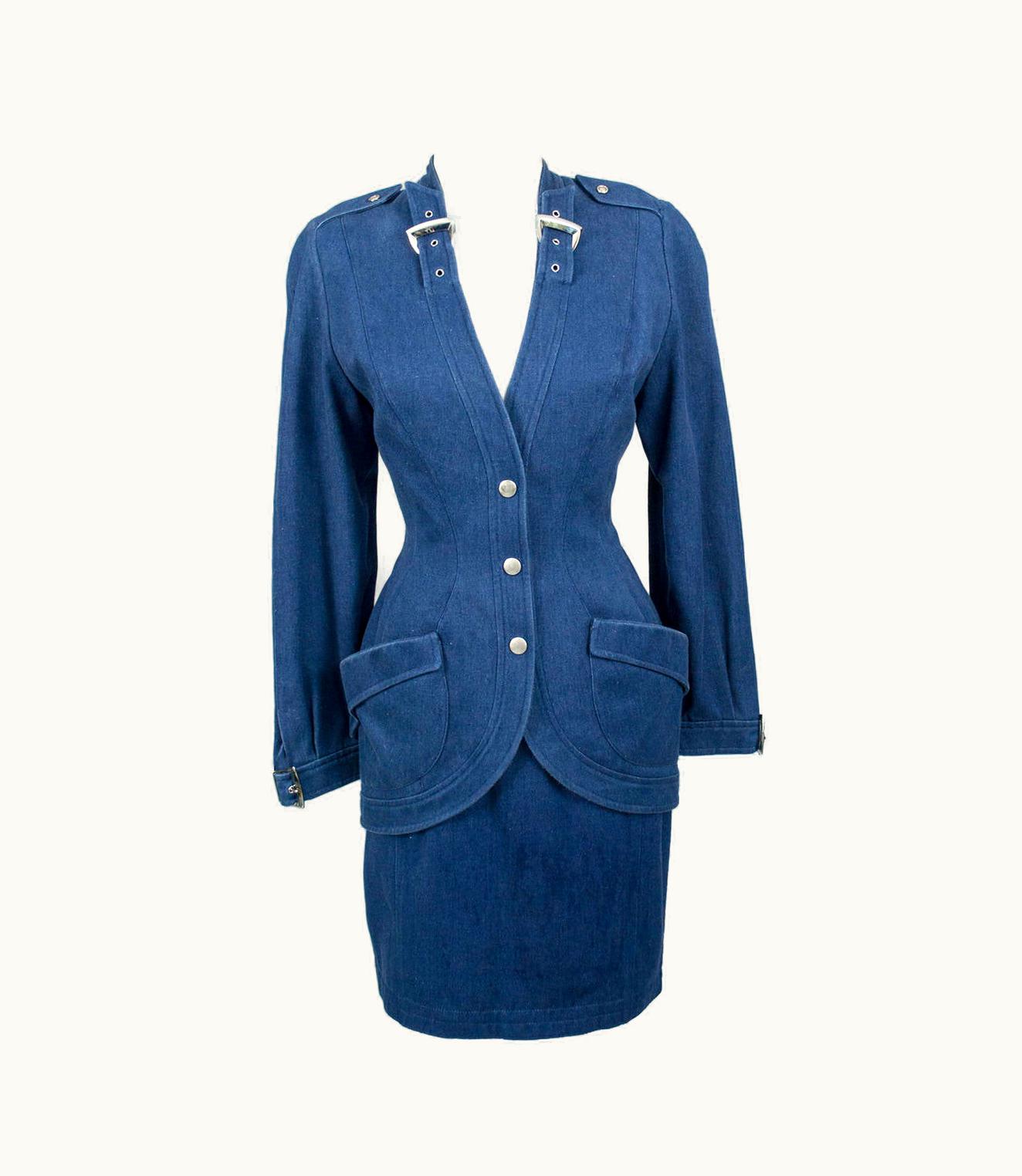 Mugler Thierry Mugler 1980' Designer Vintage Suit Denim Skirt & Blazer W Buckles
