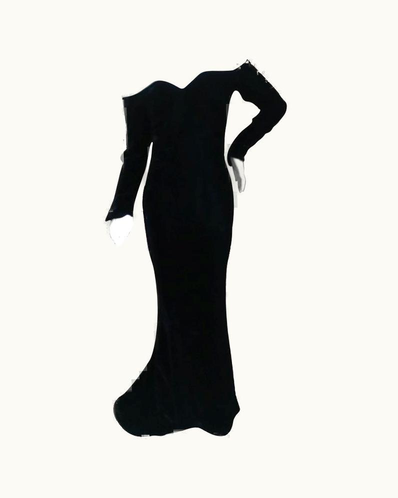 Mugler Thierry Mugler 1980' Black Velvet Off The Shoulder Evening Dress With Train