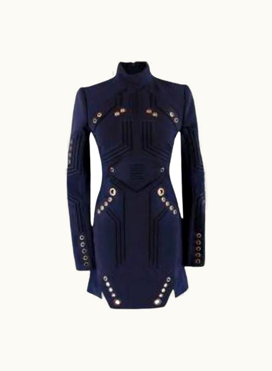 Mugler Mugler Eyelet Detail Navy High Neck Fitted Dress UZ0604622