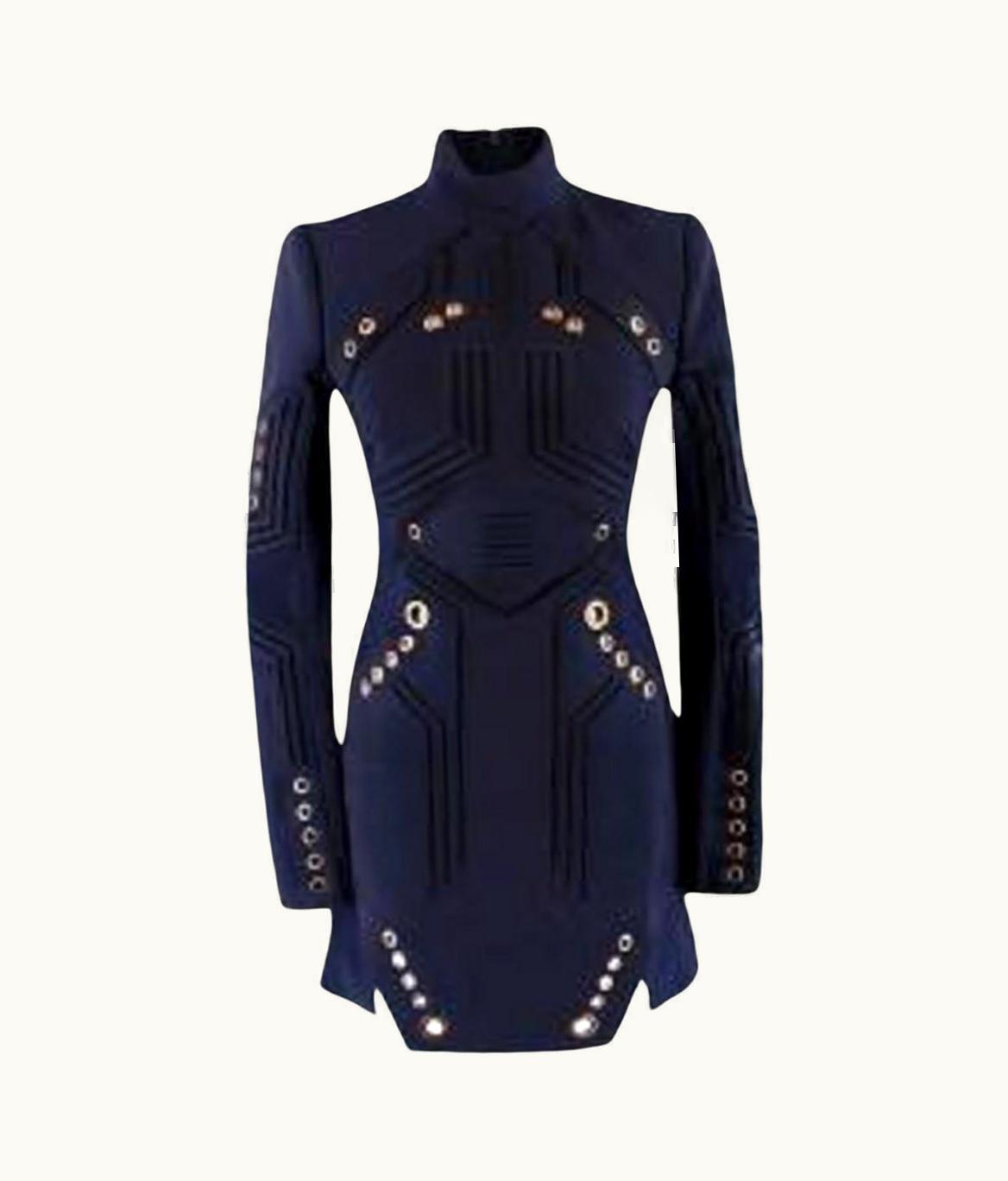 Mugler Mugler Eyelet Detail Navy High Neck Fitted Dress UZ0604624